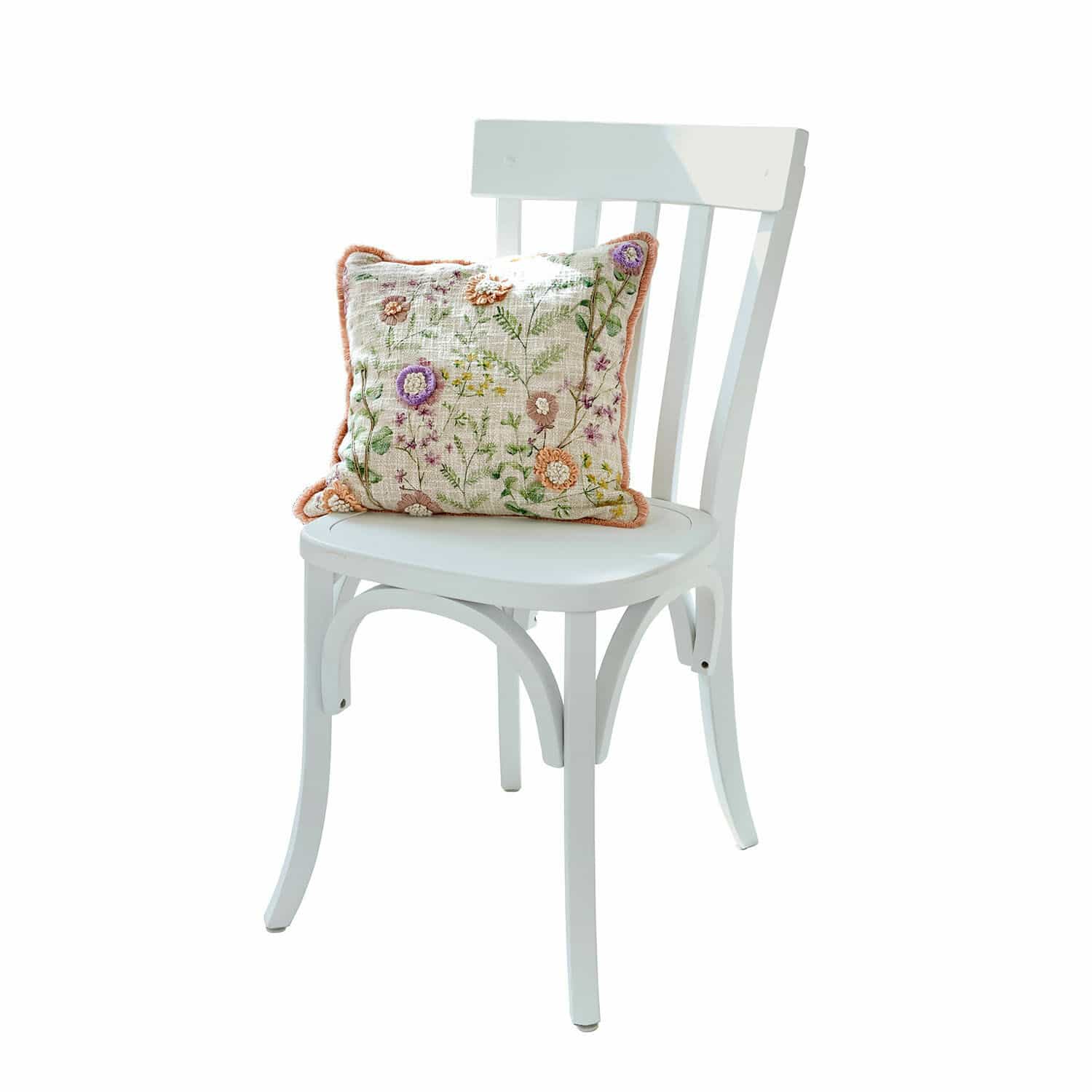 Sedia Passigny Sedia in legno bianco con cuscino decorativo ricamato con fiori dai colori pastello