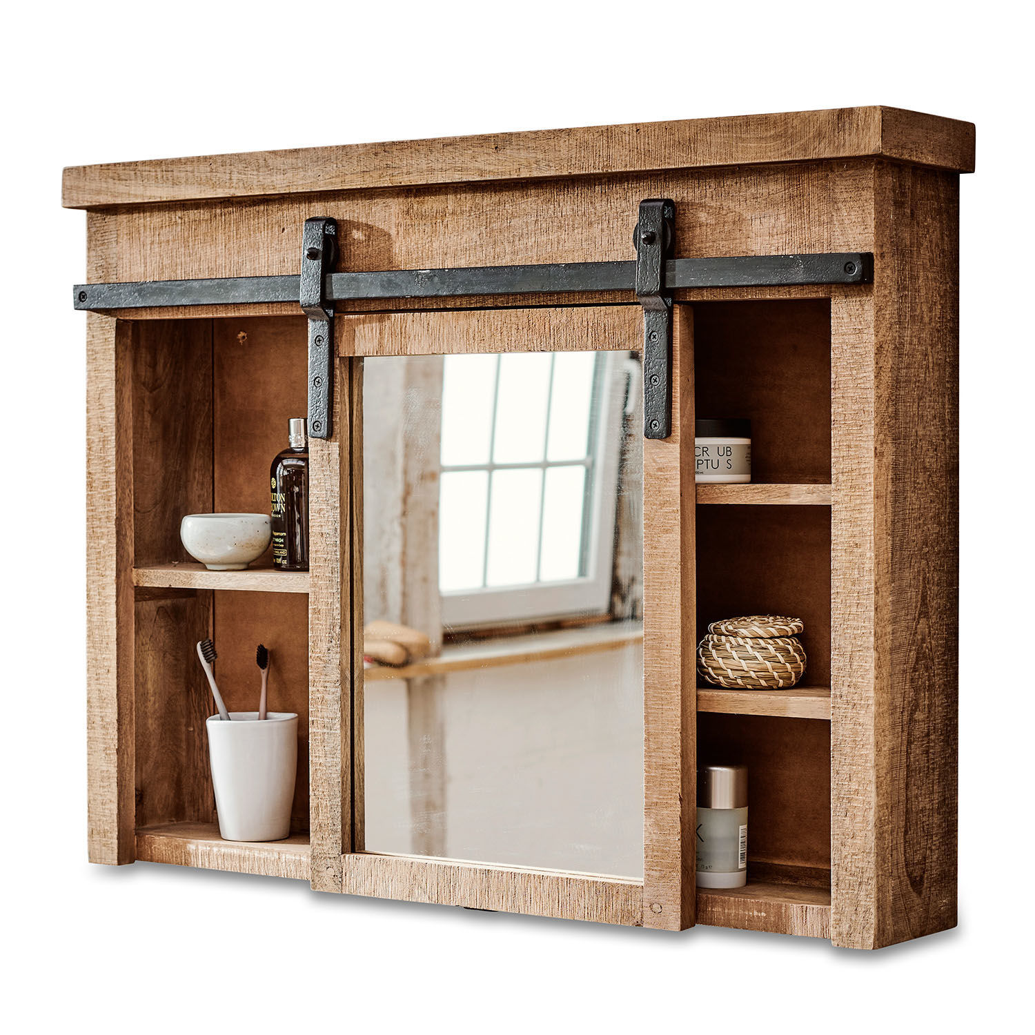Armadietto con specchio Taylors Island Mobile bagno in legno con specchio e maniglia in metallo, stile rustico, colore naturale