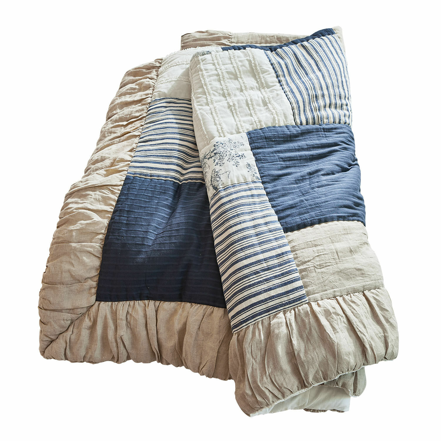 Trapunta Felencio Trapunta patchwork in cotone e lino beige e blu, biancheria da letto decorativa
