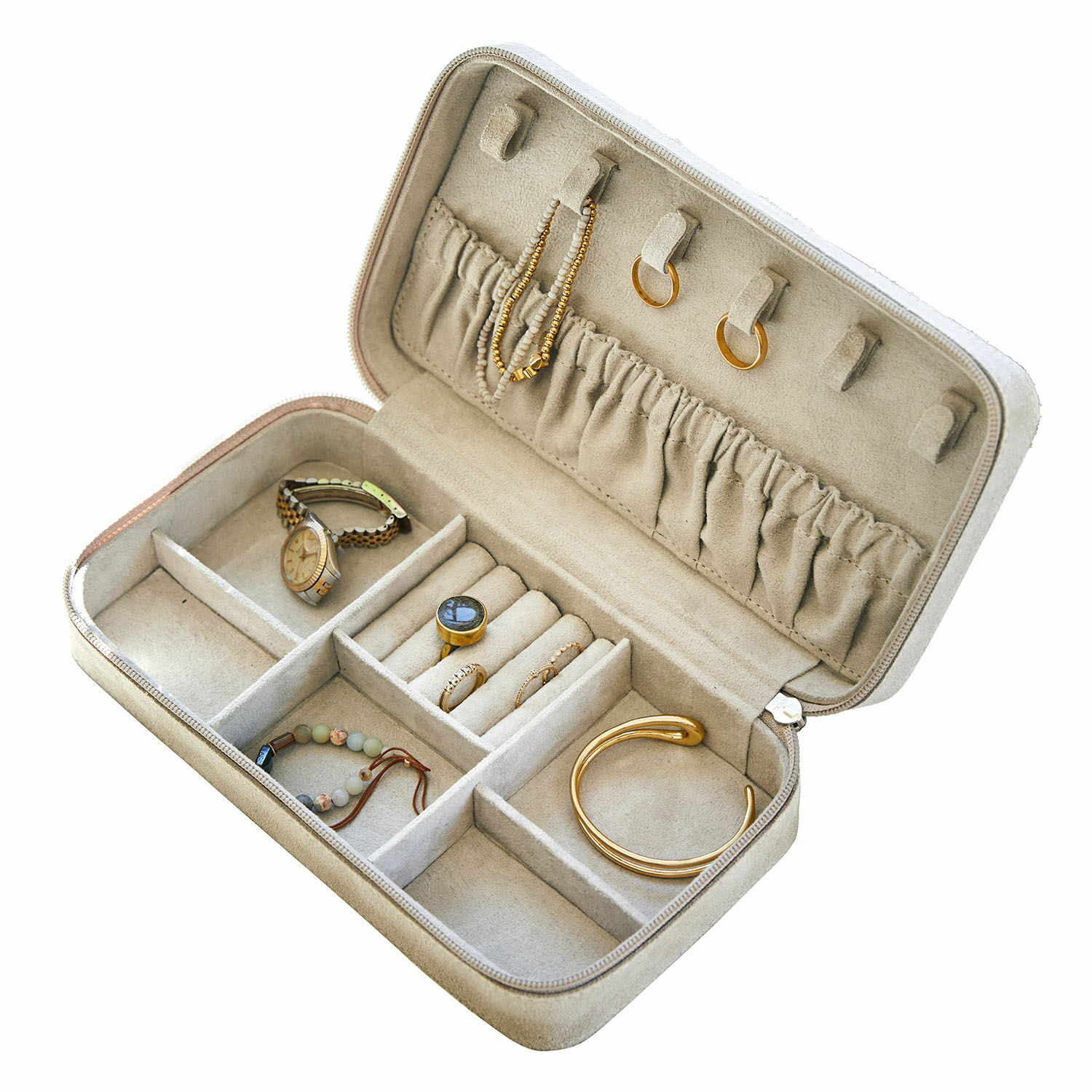 Portagioie Angelique Portagioie beige in camoscio con scomparti e accessori dorati per conservare anelli e bracciali