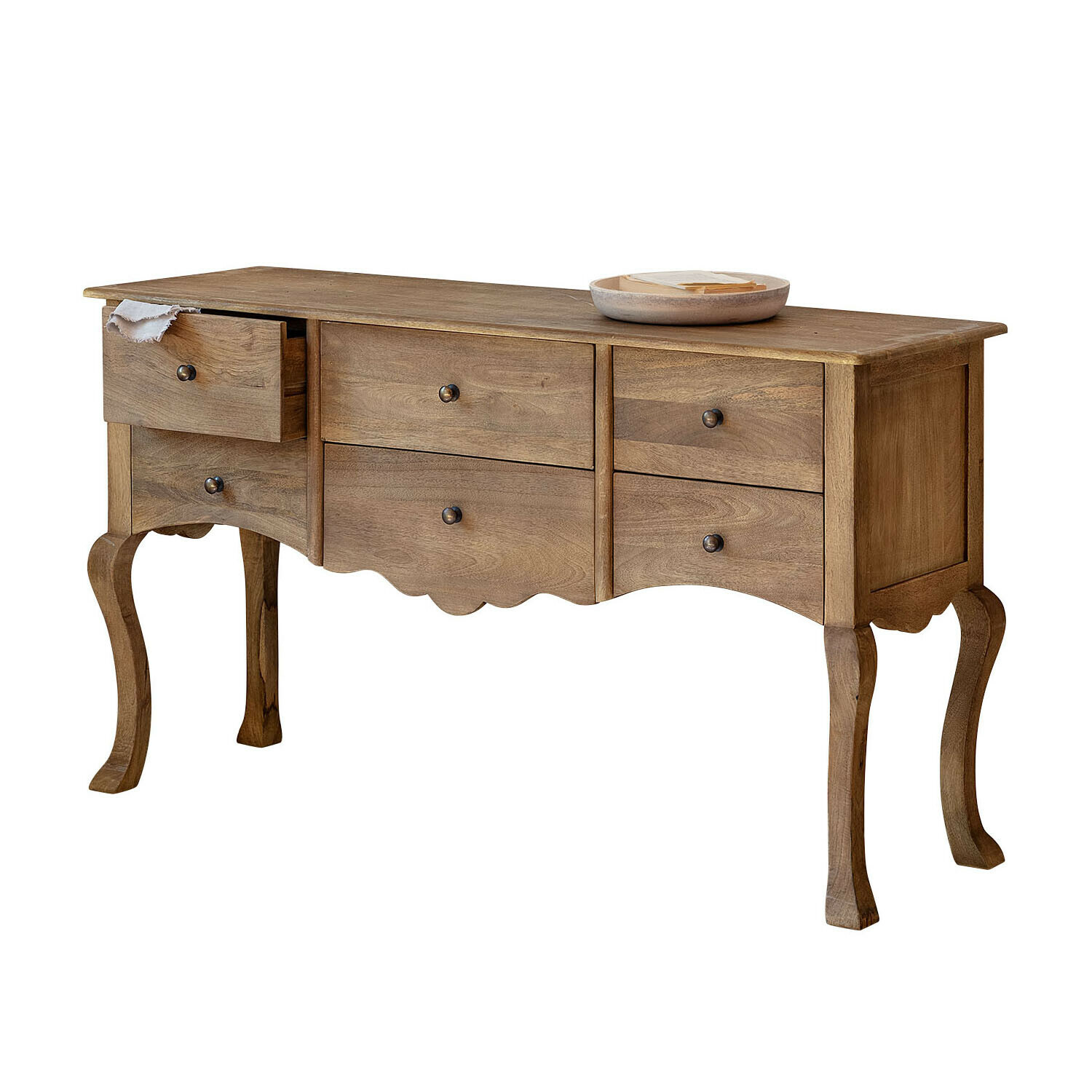 Cassettiera Norelia Consolle in legno di mango naturale con cinque cassetti e gambe decorative curve