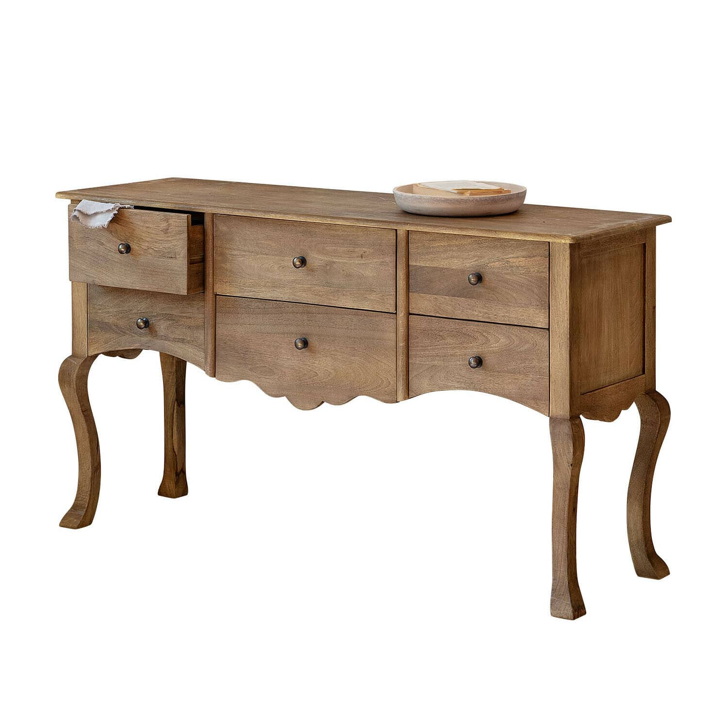 Cassettiera Norelia Consolle in legno di mango naturale con cinque cassetti e gambe decorative curve