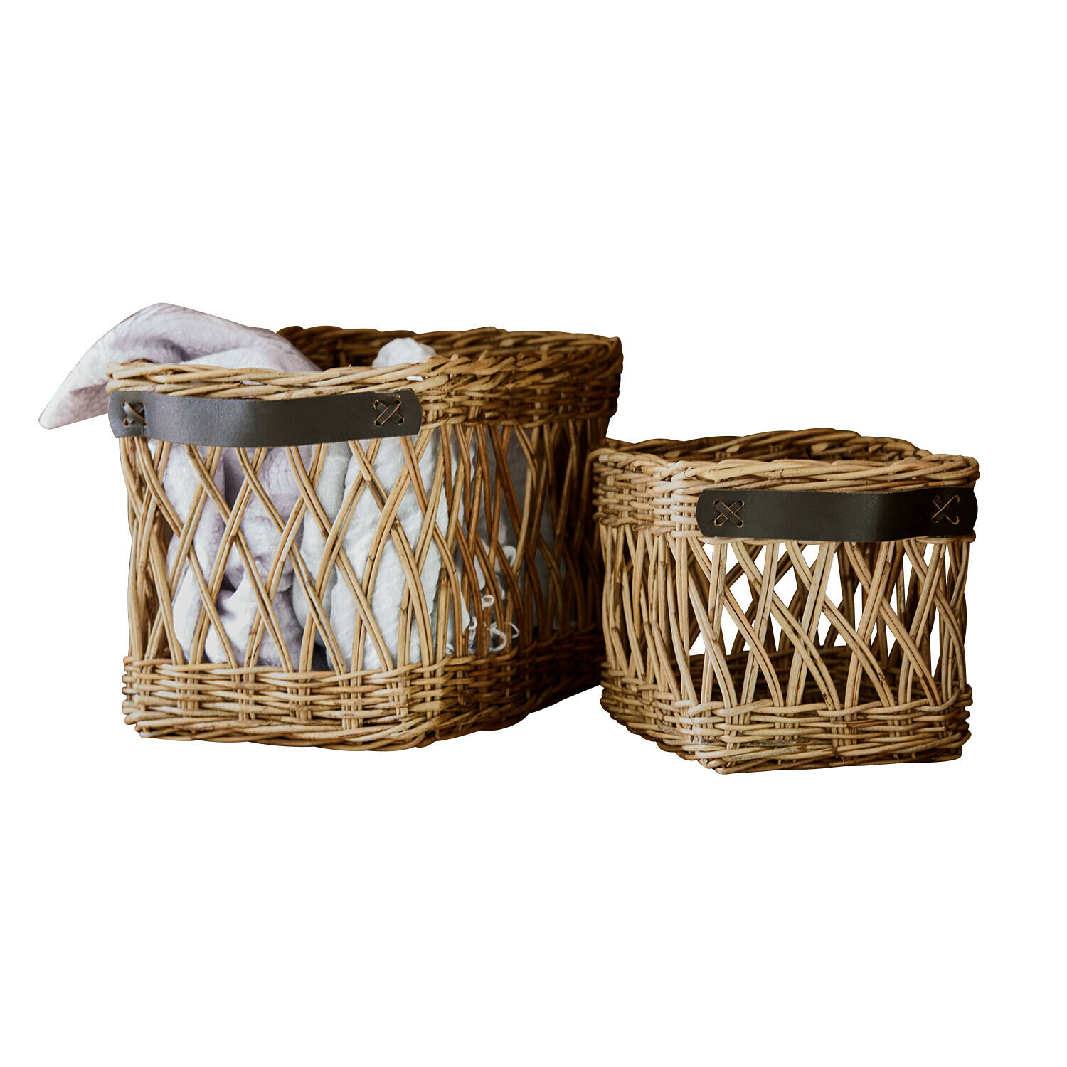 Coppia di cestini Lorviano Set di due cesti in vimini con manici in pelle marrone, colore naturale, per conservare oggetti