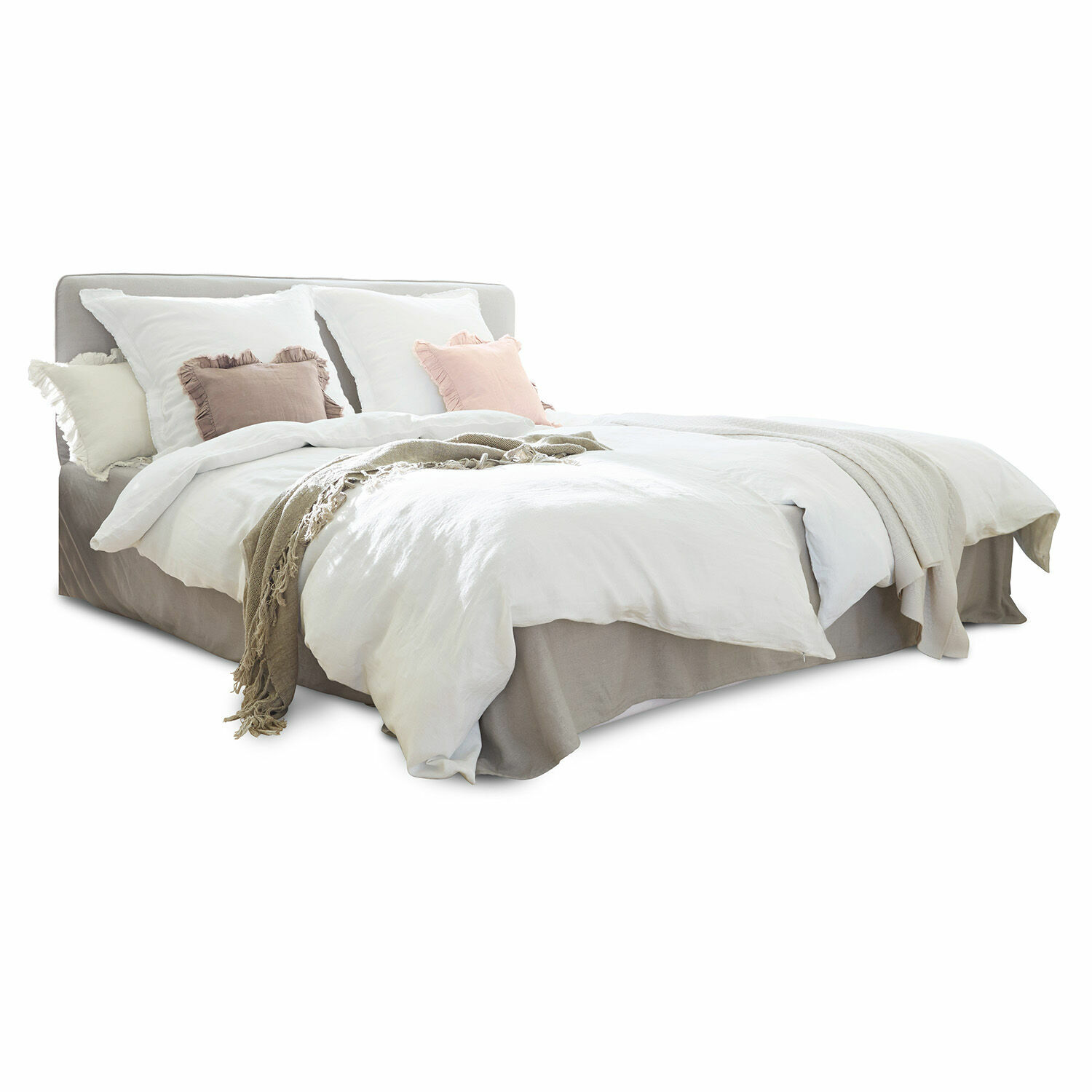 grigio Letto Aubrianne grigio in tessuto con biancheria bianca e cuscini pastello per camera da letto