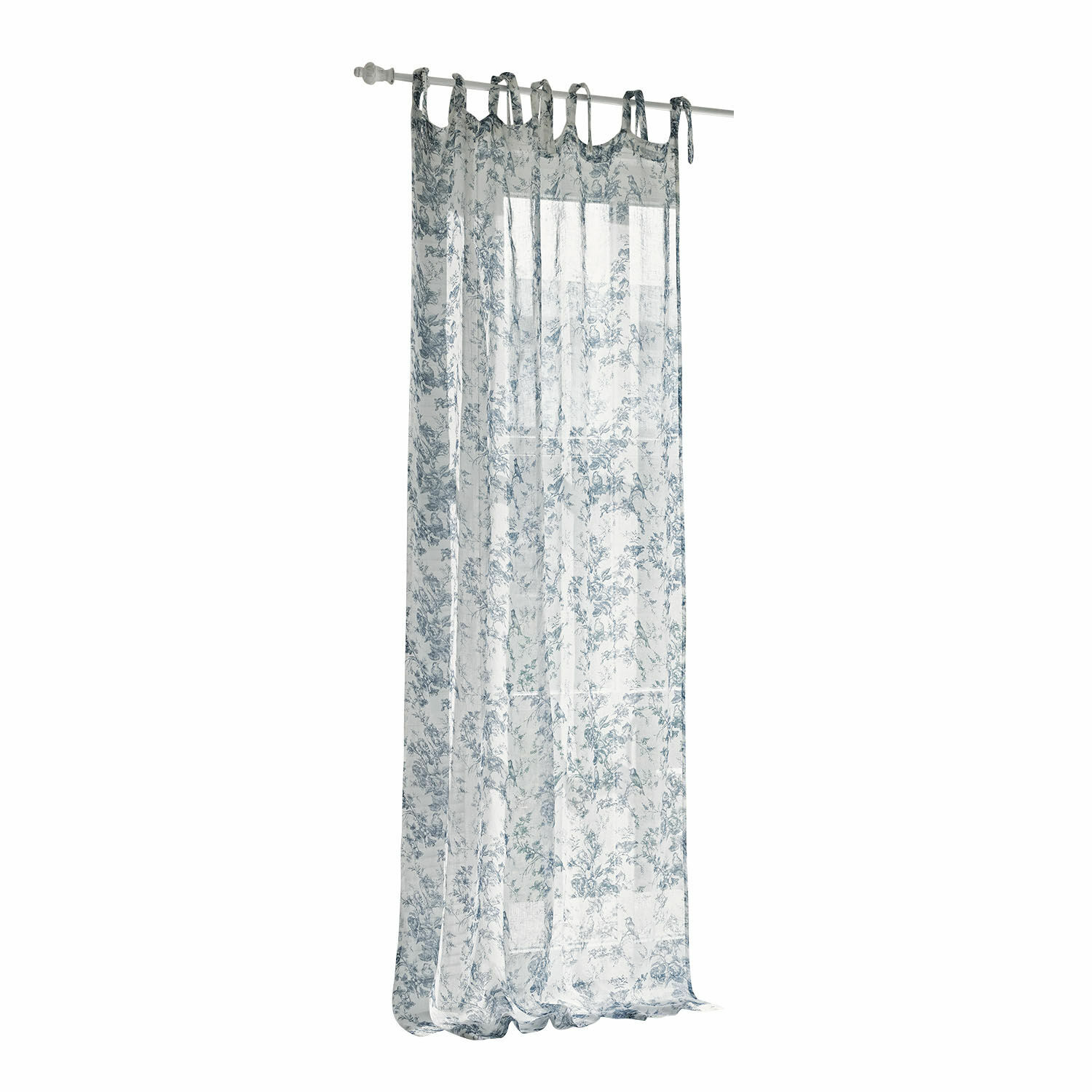 Tenda Emilie Tenda trasparente con motivo floreale blu su sfondo bianco, tessuto leggero decorativo