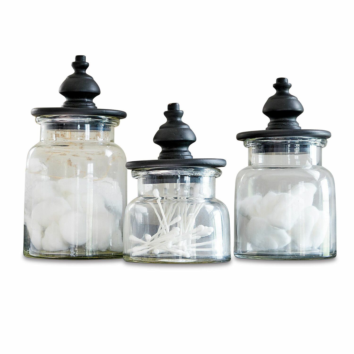 Set di 3 barattoli Hakeen Set di tre barattoli in vetro con coperchi neri per cotone e cotton fioc bianchi