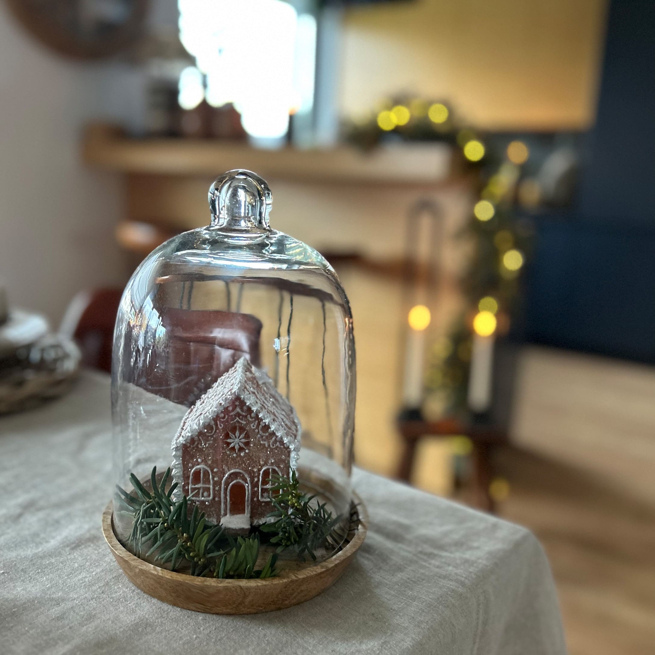 Casetta di pan di zenzero decorativa sotto campana di vetro su base in legno con rami verdi