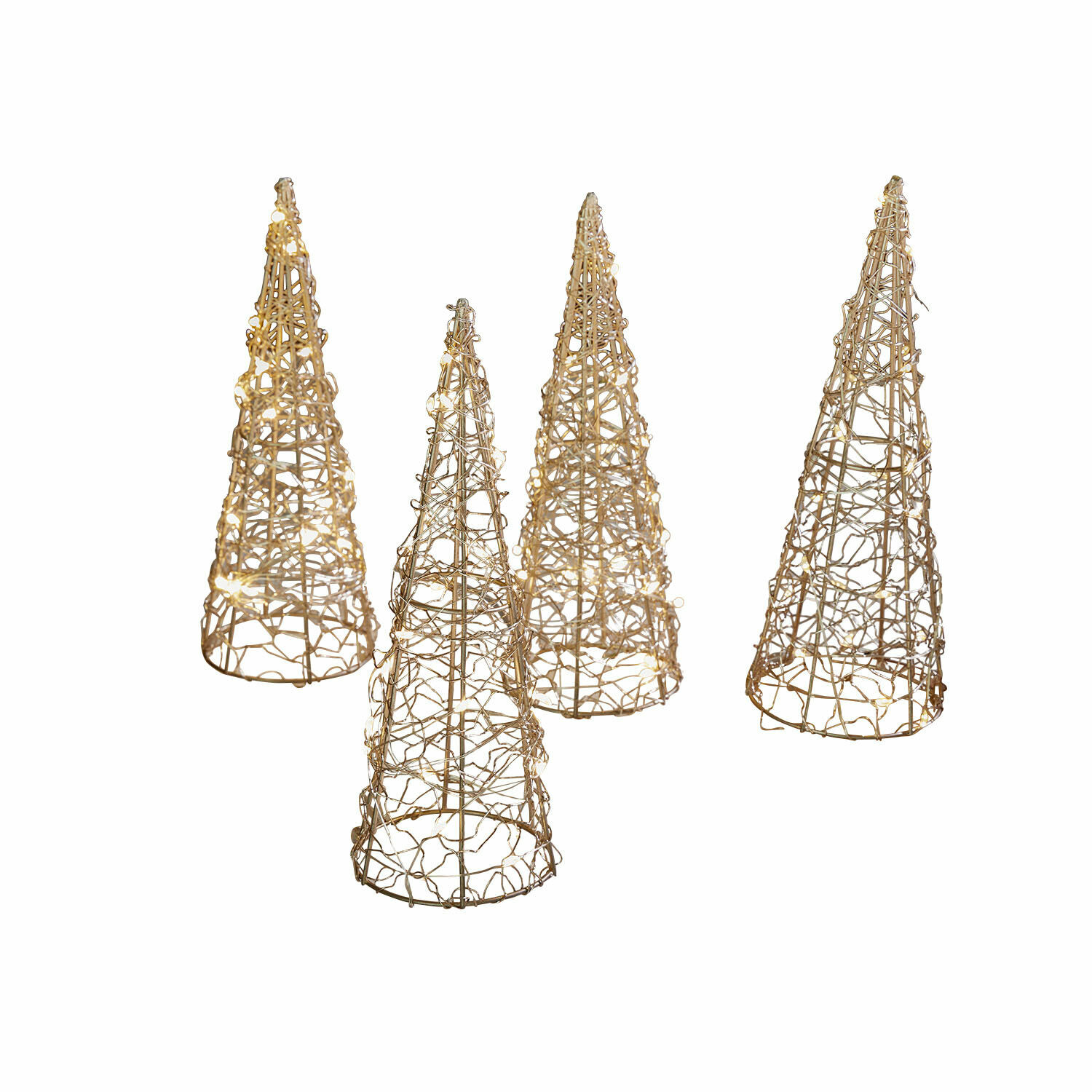 Set di quattro decorazioni coniche in vimini con luci LED calde per interni e giardini
