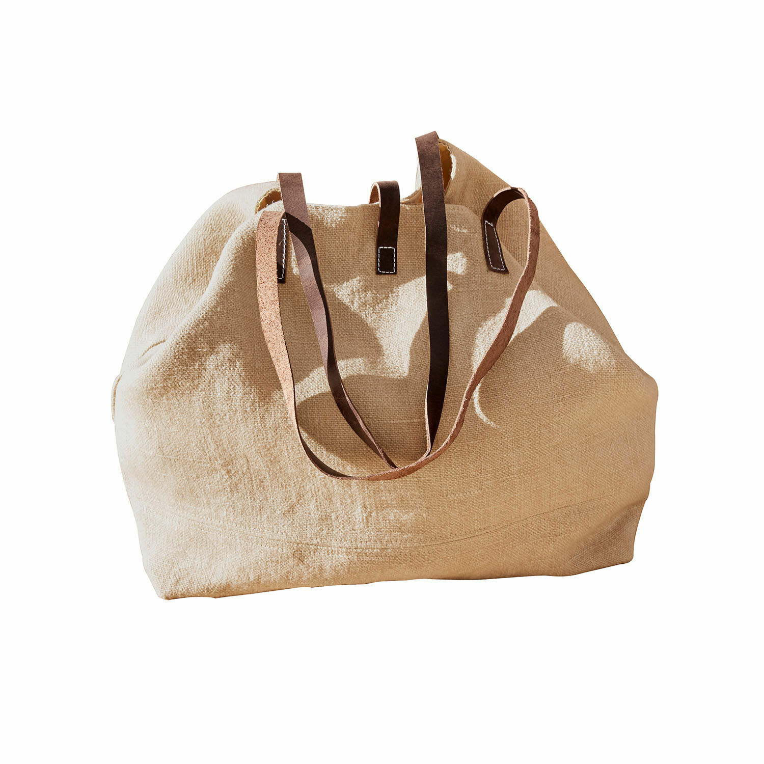 Borsa Morentina Grande borsa in tela beige con manici in pelle marrone, borsa pratica per la spesa