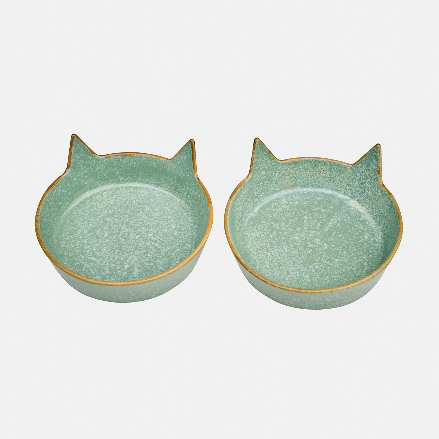 Coppia di ciotole per animali Biarré Set di due ciotole in ceramica a forma di testa di gatto, verde con bordo marrone, ciotole decorative