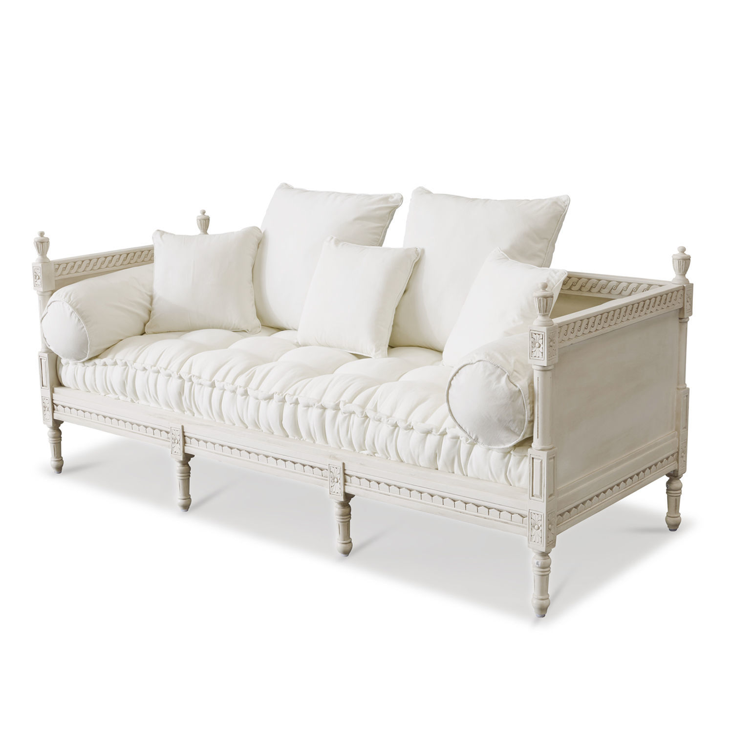 bianco antico Divano Douville in legno bianco antico con cuscini morbidi, mobile elegante per soggiorno