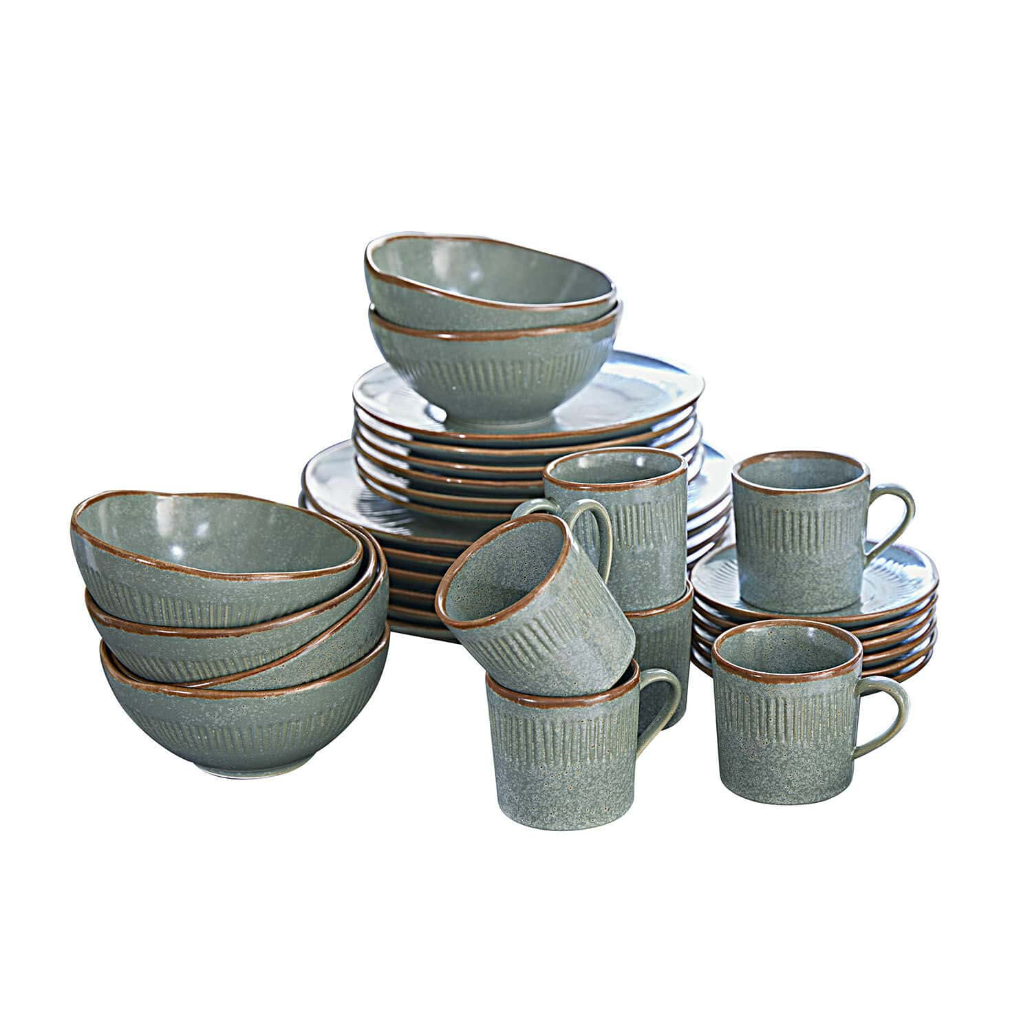 Servizio di 30 stoviglie Périers Set di stoviglie in ceramica verde con bordo marrone, piatti, ciotole e tazze