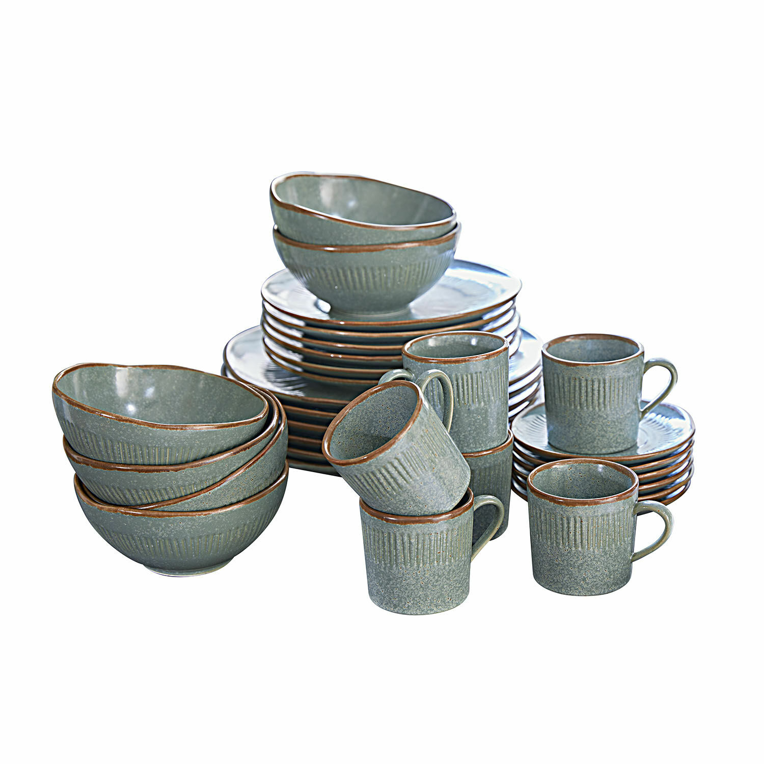 Servizio di 30 stoviglie Périers Set di stoviglie in ceramica verde con bordo marrone, piatti, ciotole e tazze