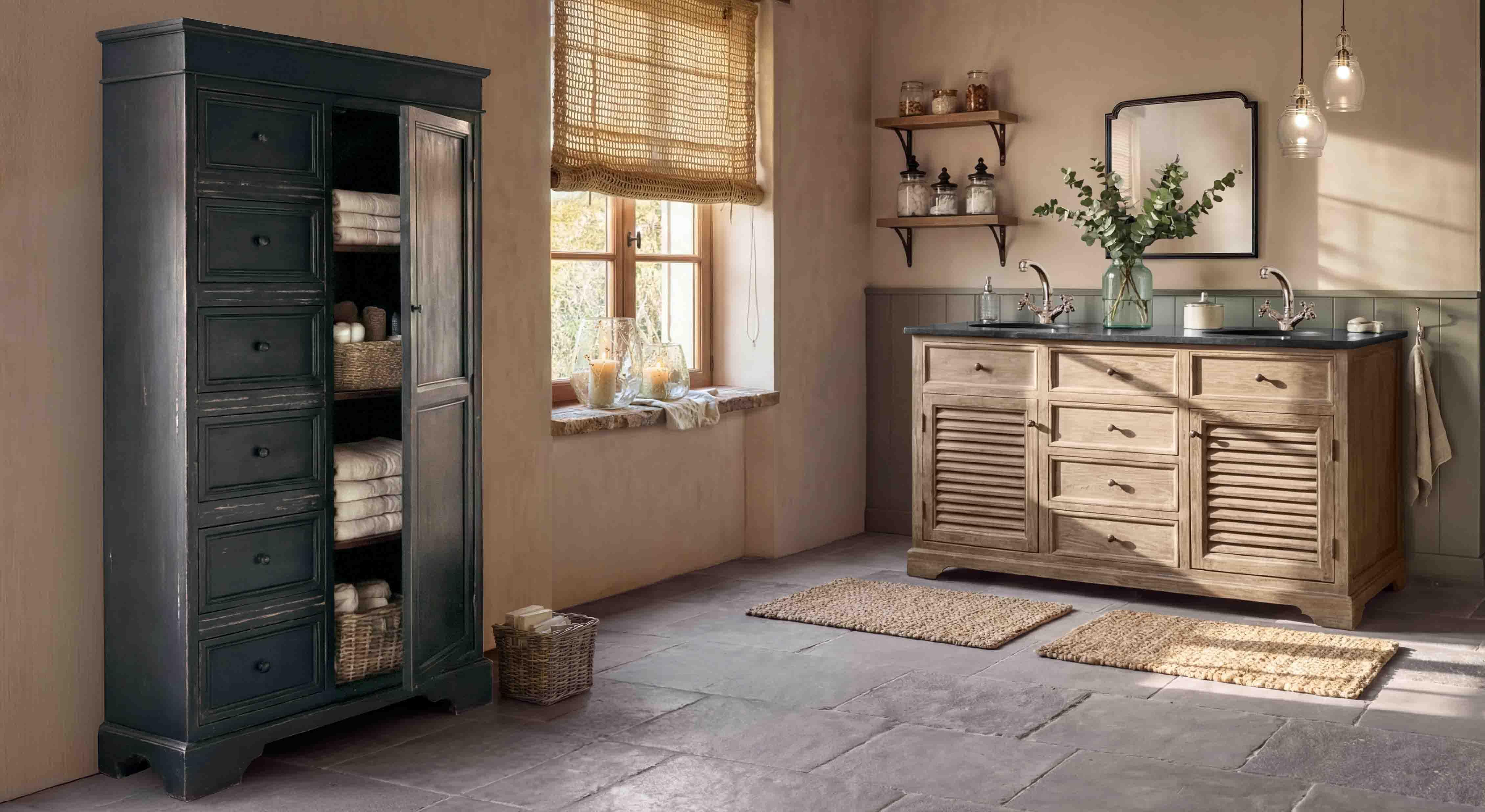 Bagno rustico con mobile lavabo in legno chiaro e armadio nero per asciugamani e accessori