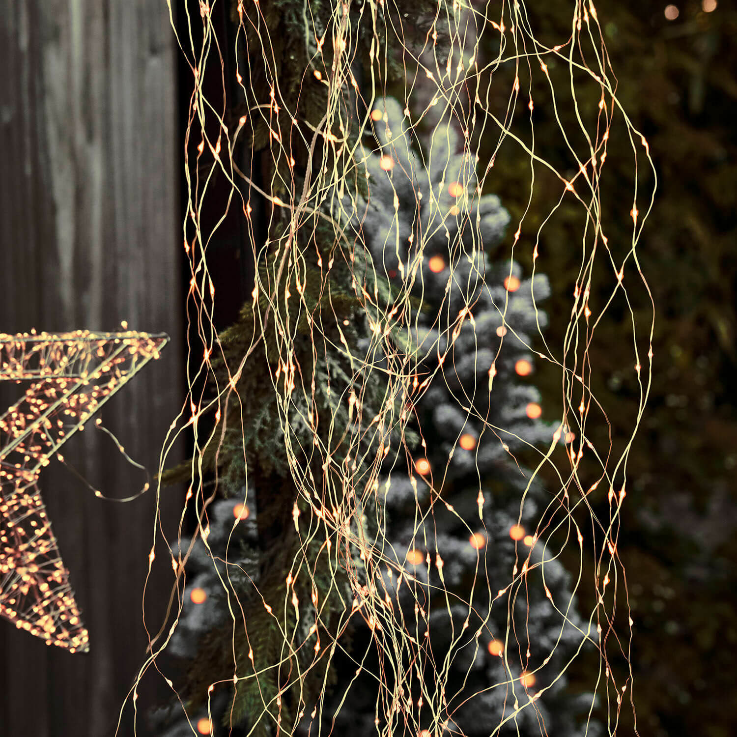 Tendina luminosa Lysfjord Catena luminosa LED sottile con luci calde, decorazione natalizia con stella e albero sullo sfondo