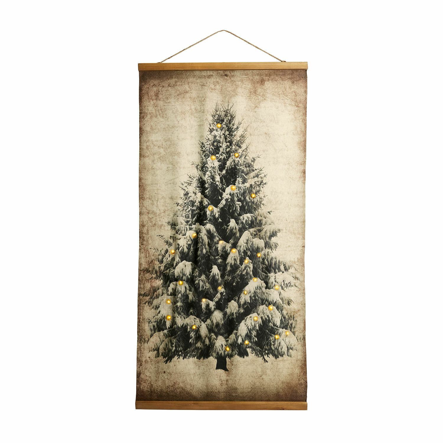 Stampa con luci a LED Gussers Quadro decorativo con albero di Natale e luci gialle su sfondo beige in tessuto