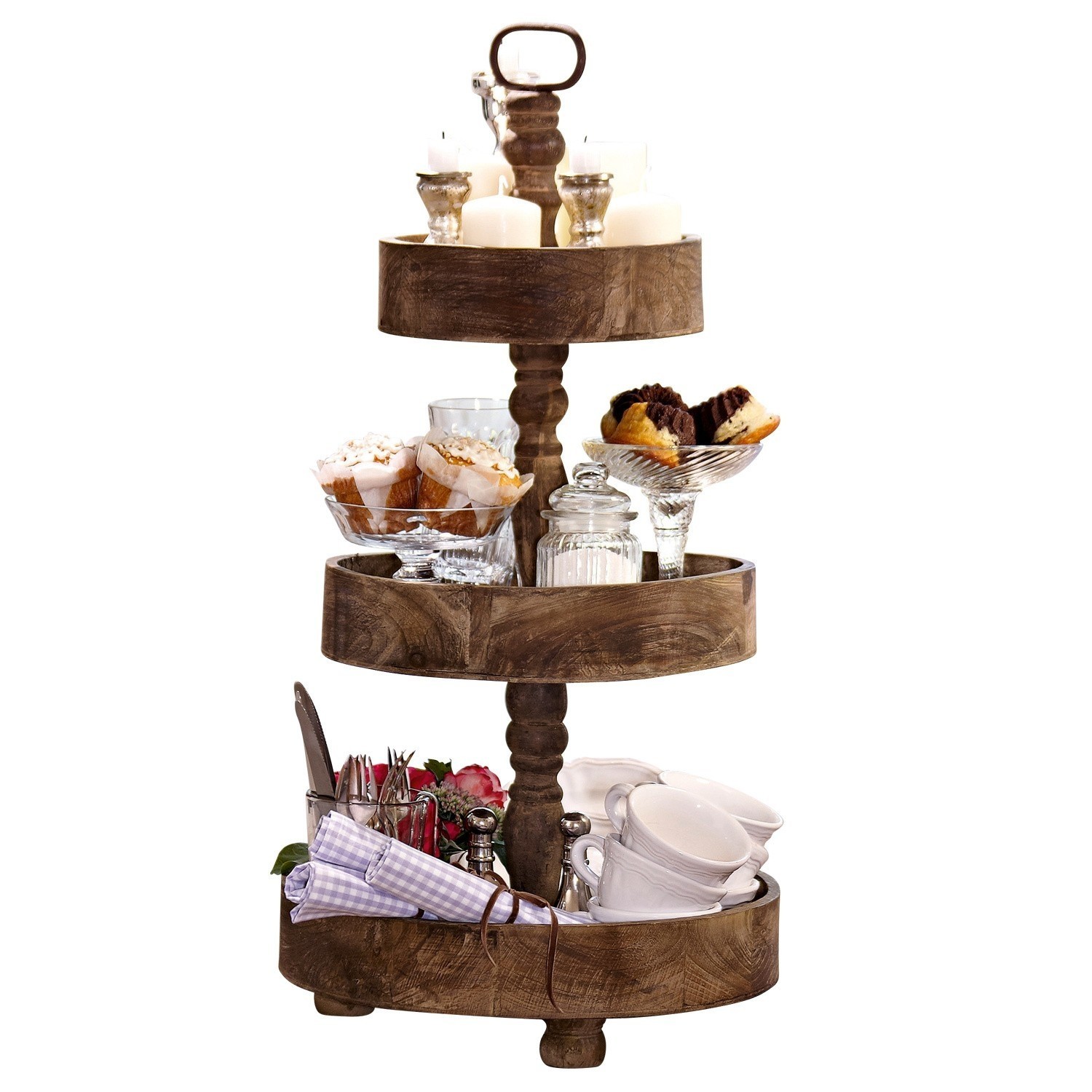 Alzata Beauvais Porta dolci a tre piani in legno di mango marrone con tazze, muffin e candele decorative