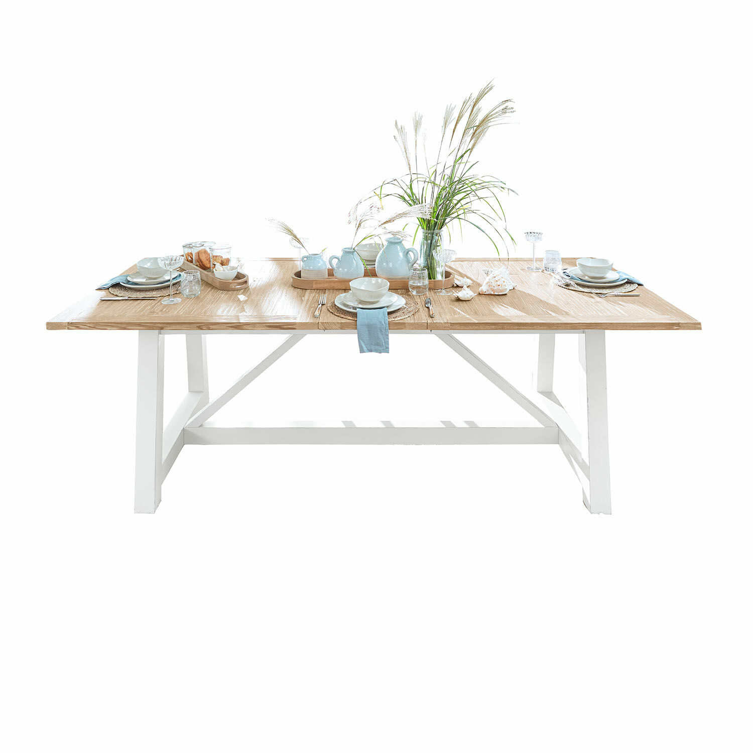 Tavolo da pranzo Dubberly Tavolo da pranzo in legno chiaro con base bianca, decorato con ceramiche e erbe ornamentali