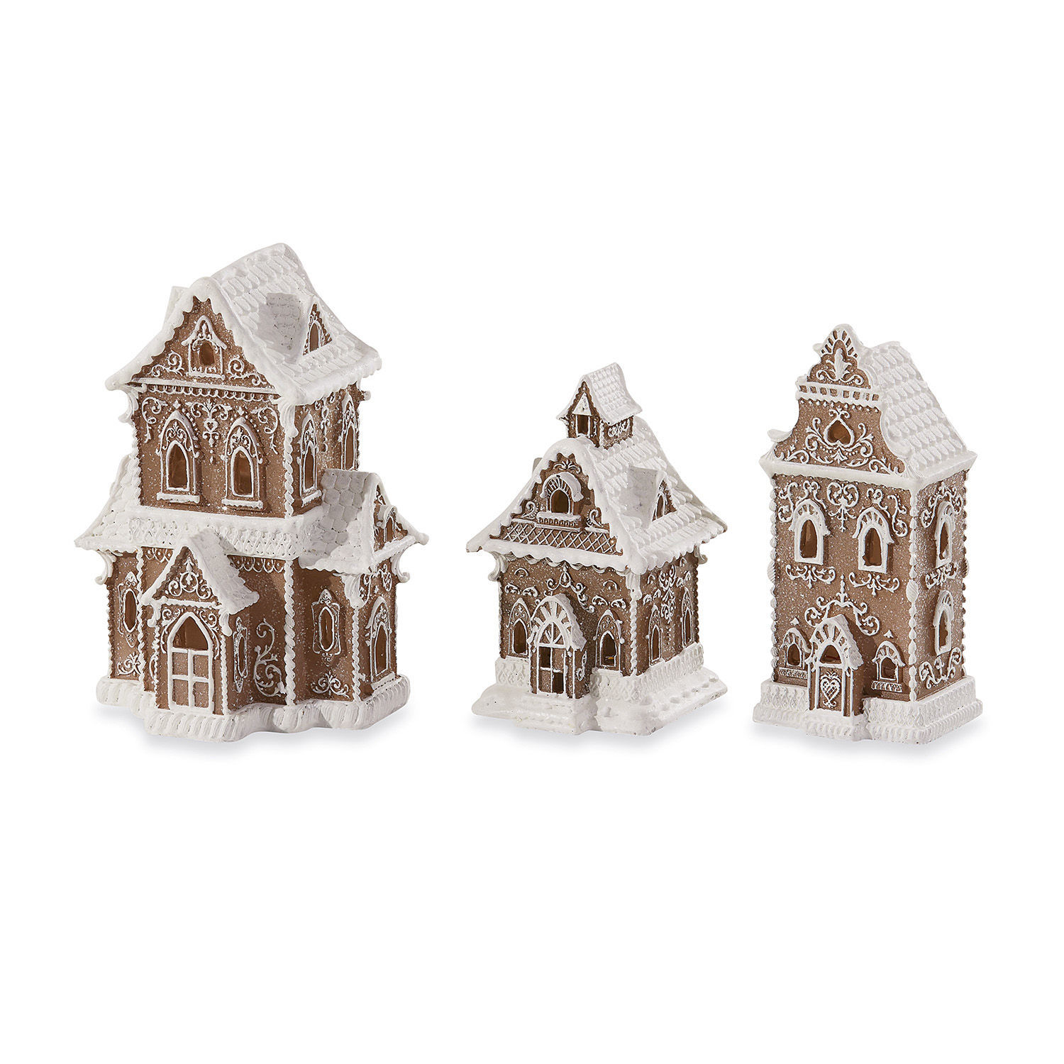 Set di 3 casette decorative Anyama Tre casette decorative in ceramica marrone con decorazioni bianche in stile pan di zenzero