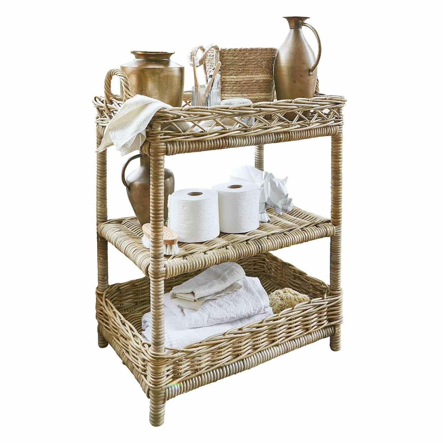 Scaffale Ristal Scaffale a tre livelli in rattan naturale con decorazioni e asciugamani per bagno
