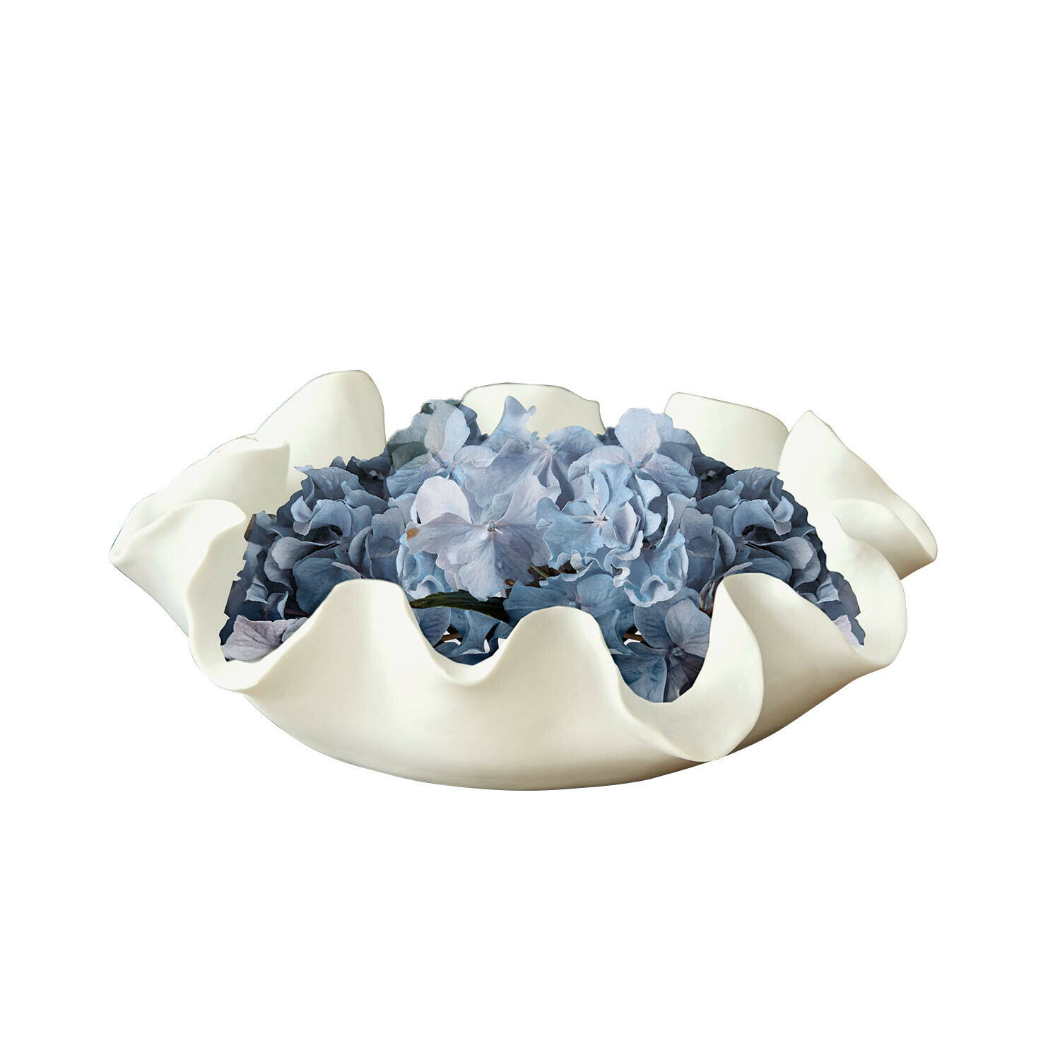 Ciotola Lunettas Ciotola in ceramica bianca con bordo ondulato piena di fiori di ortensia blu, decorazione da tavolo