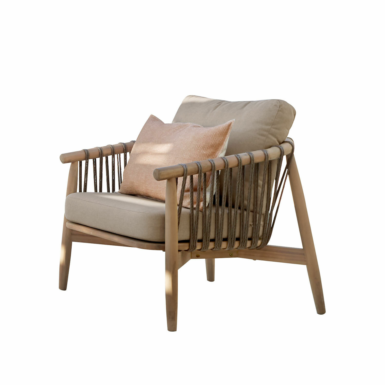 Poltrona FSC®-100% Thornwick Poltrona in legno e corda con cuscini beige, mobile moderno per soggiorno