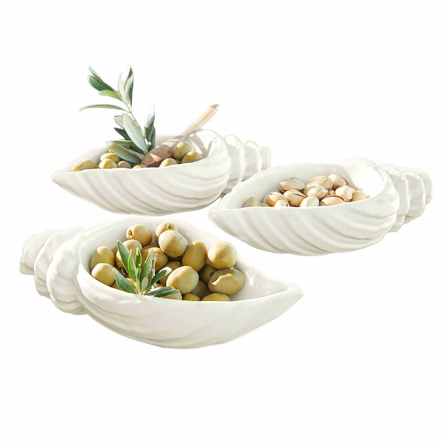 Set di 3 ciotole Portavin Ciotole in ceramica bianca a forma di conchiglia con olive e noci, decorazione da tavola