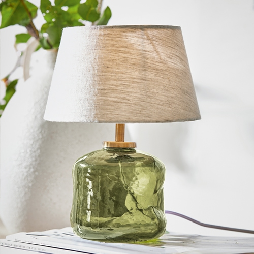 Lampada da tavolo in vetro verde con paralume beige, lampada decorativa per soggiorno