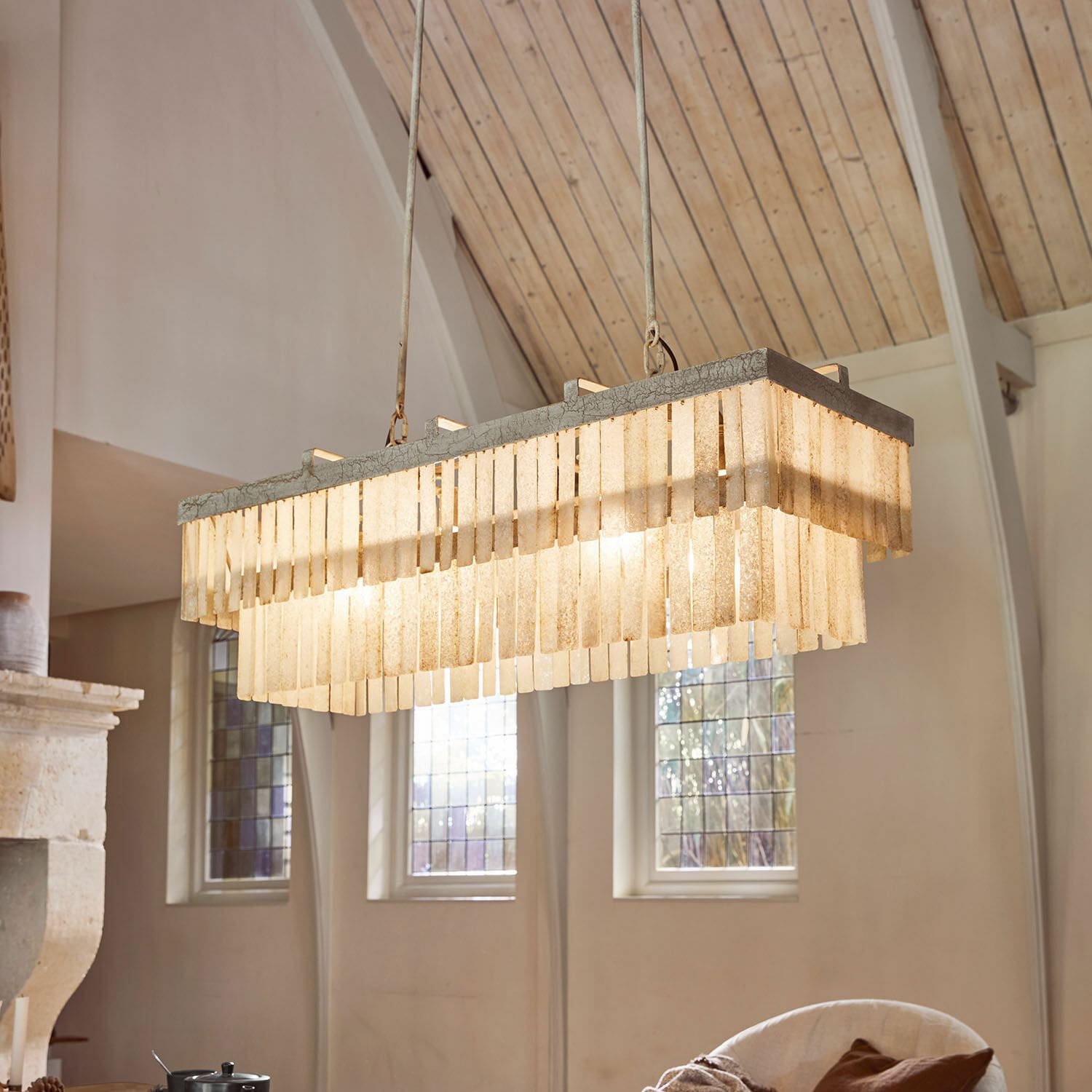 Lampadario Krauville Lampada a sospensione in pietra beige con pannelli rettangolari, lampada decorativa per soggiorno