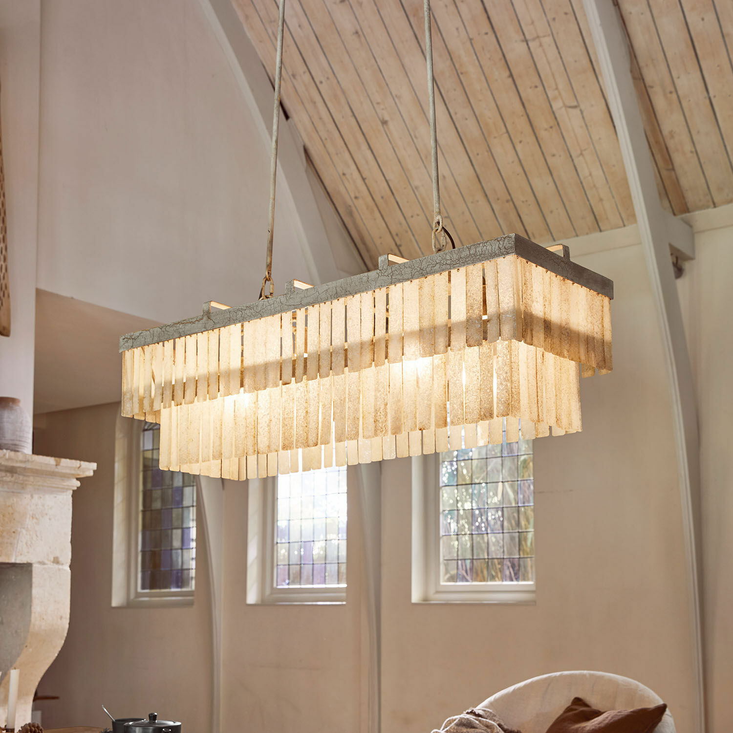 Lampadario Krauville Lampada a sospensione in pietra beige con pannelli rettangolari, lampada decorativa per soggiorno