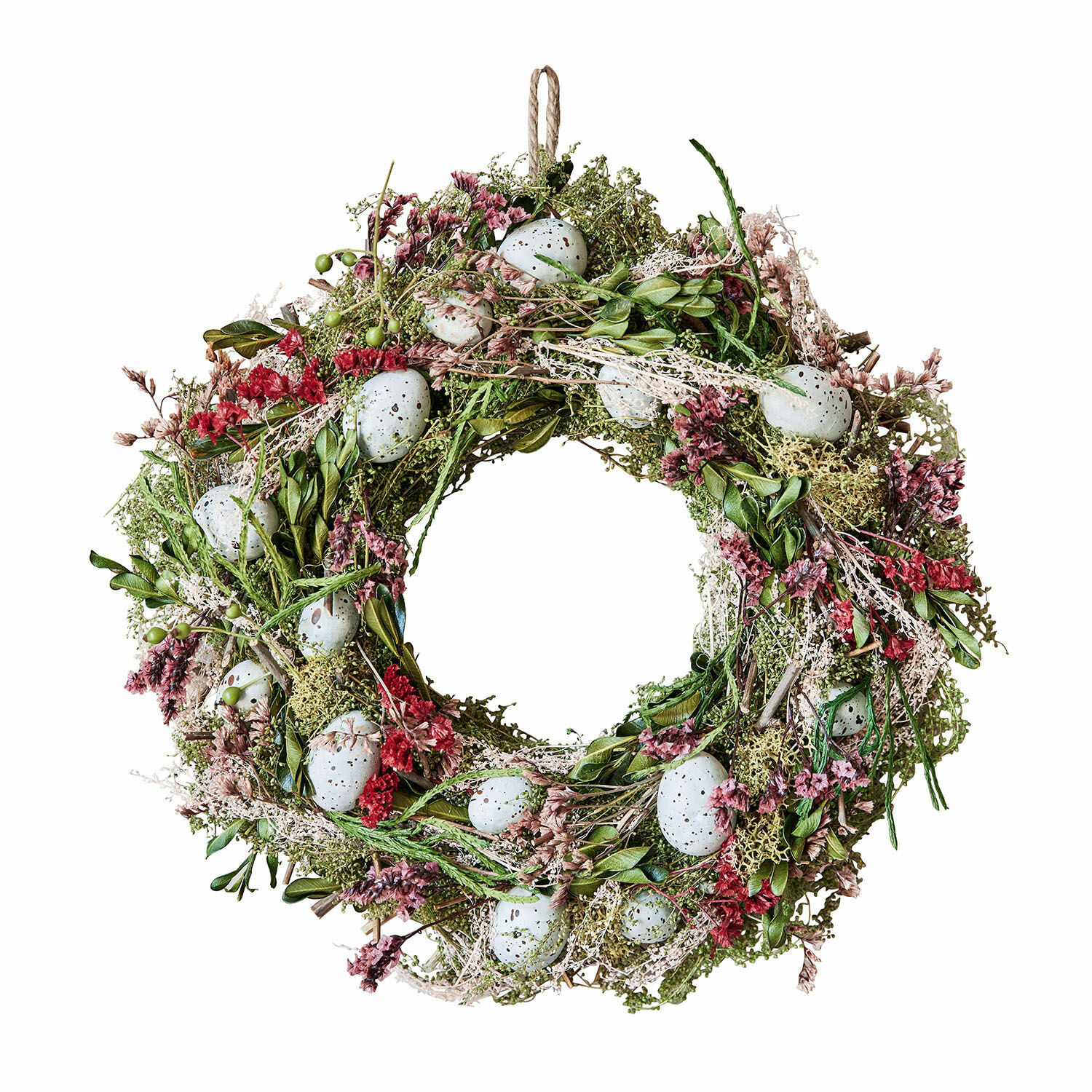Ghirlanda Kolton Corona decorativa con foglie verdi, fiori rossi e uova bianche per decorazioni primaverili