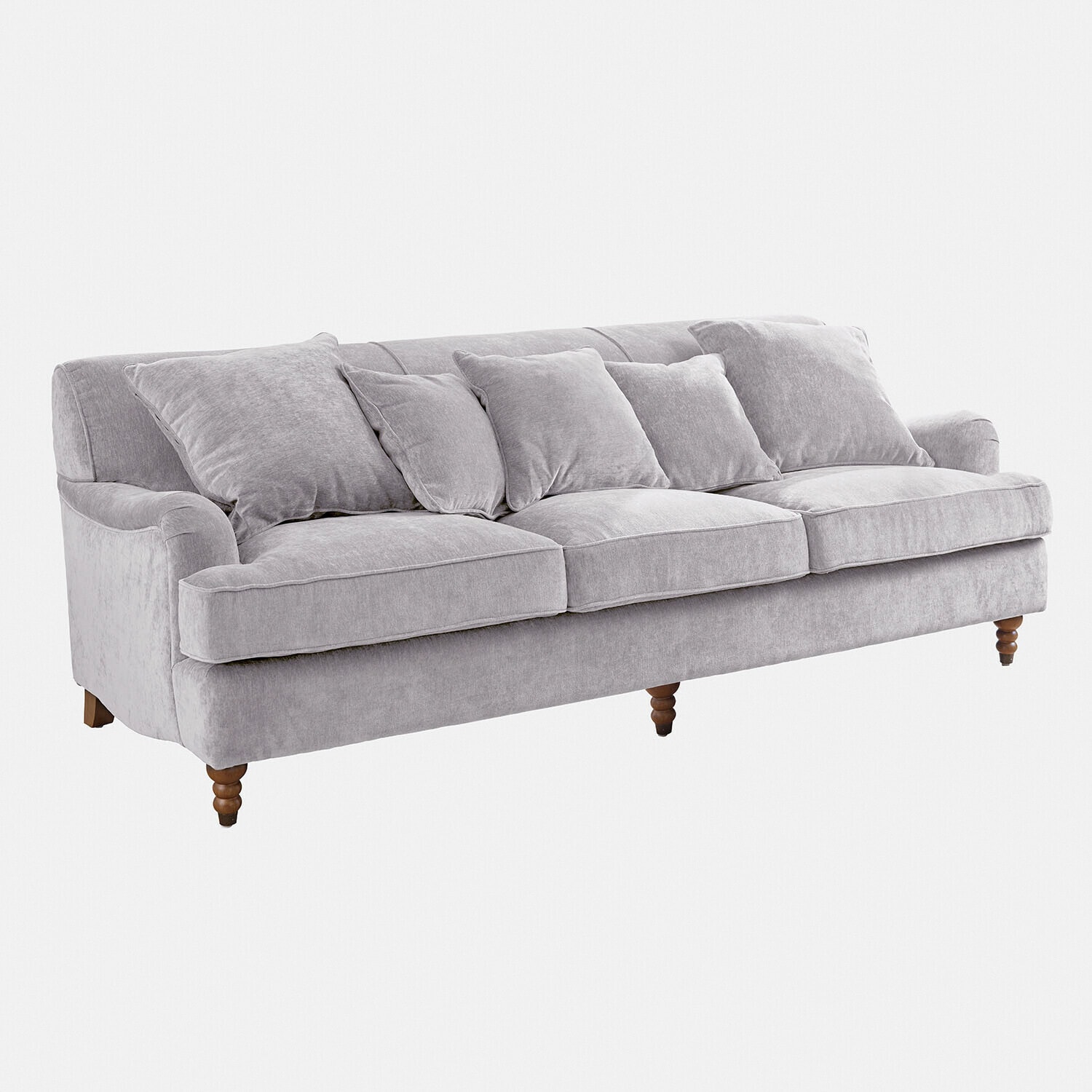 Divano Isa Grande divano in tessuto grigio morbido con cuscini e gambe in legno, mobile confortevole per soggiorno