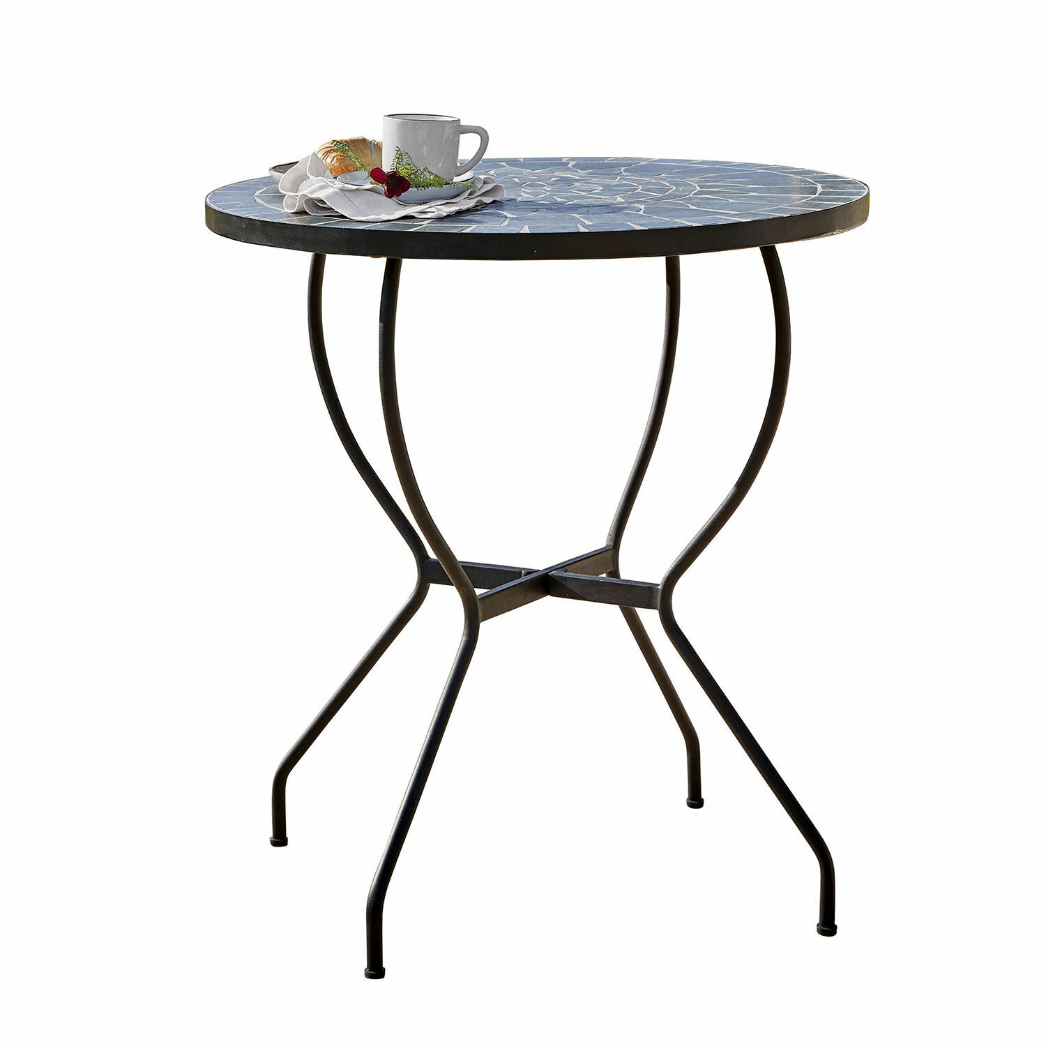 Tavolo Ballaigues Tavolo rotondo con piano in mosaico blu e struttura in metallo nero per esterni
