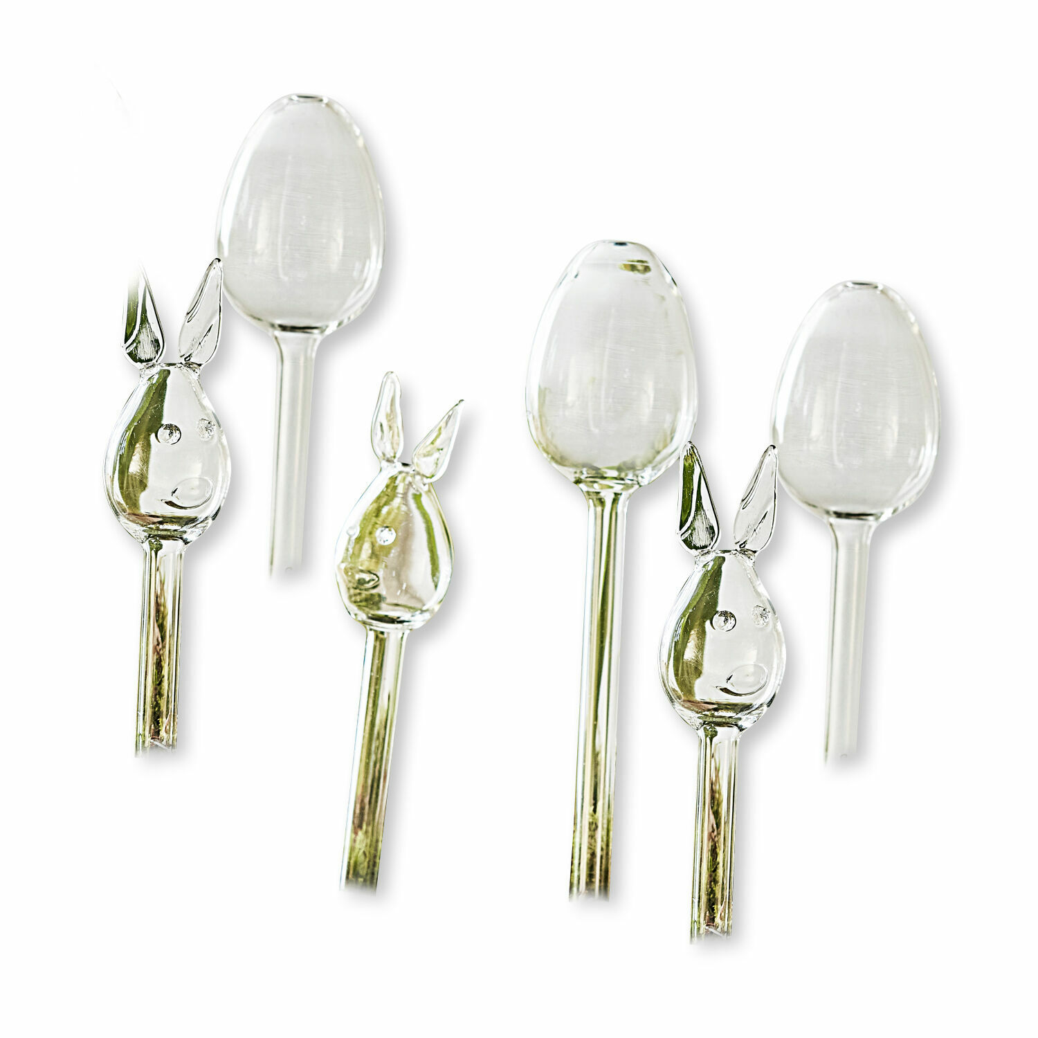 Set di 6 innaffiatori con asta Suva Decorazioni in vetro trasparente a forma di teste di coniglio e uova per giardino, ornamenti primaverili