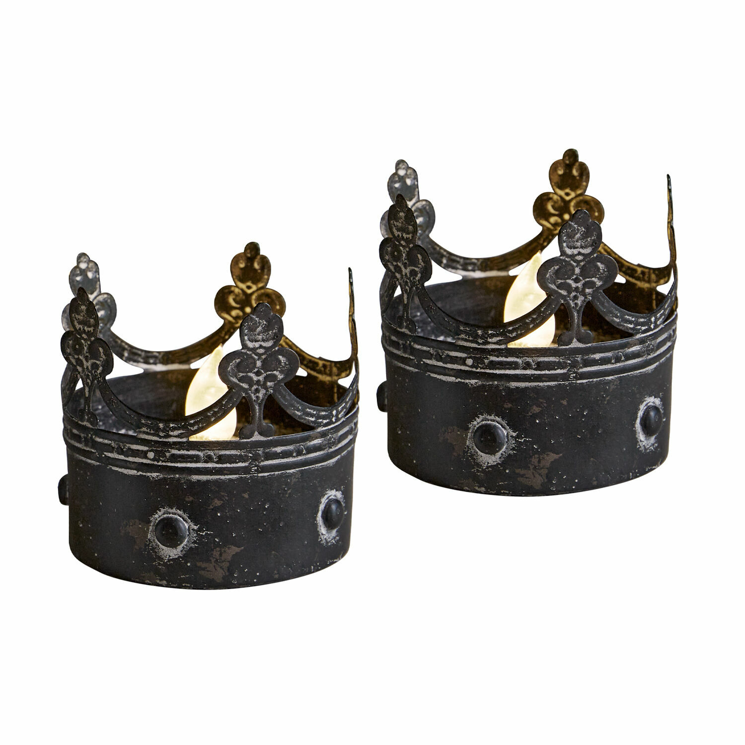 Set di 2 lanterne LED in metallo nero antico a forma di corona, decorazione elegante