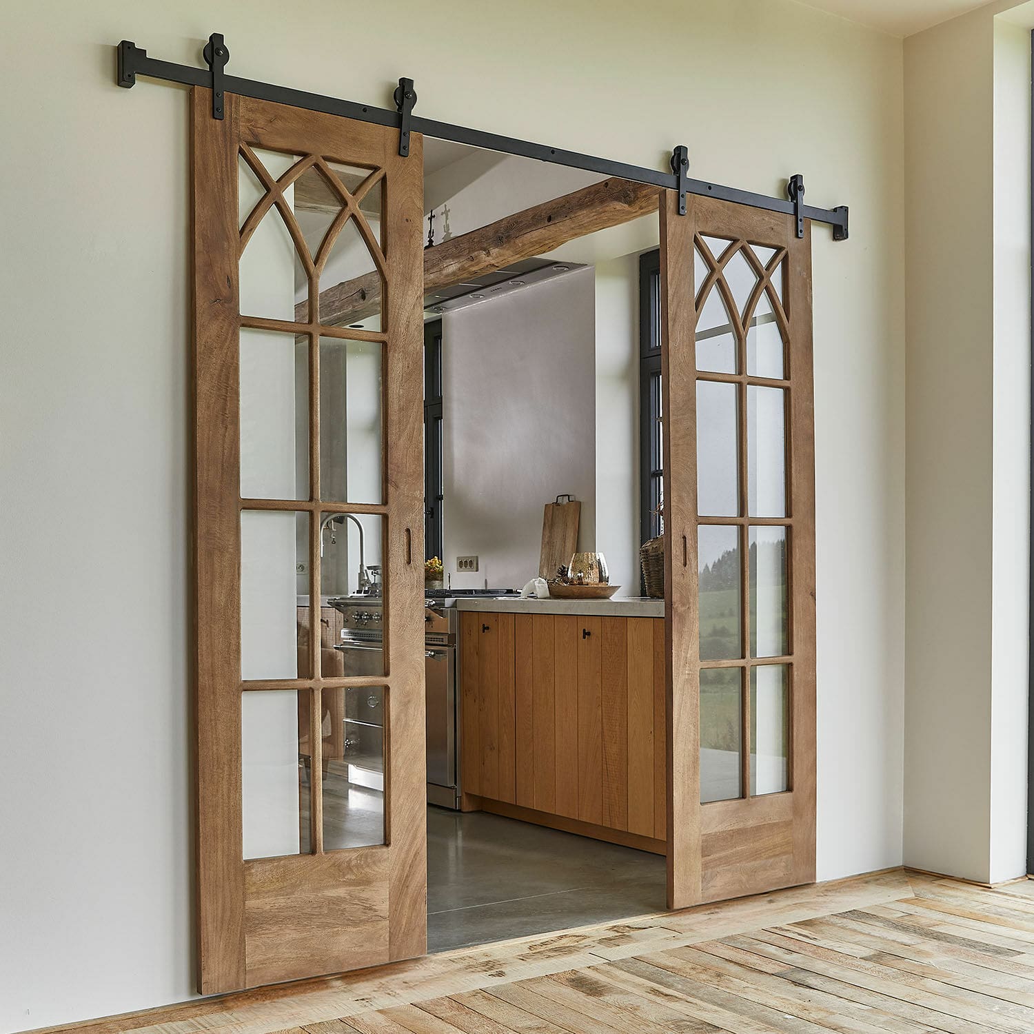 Porta scorrevole a doppia anta Quilly-sur-Marne Porte scorrevoli in legno con vetri decorativi colore naturale per cucina