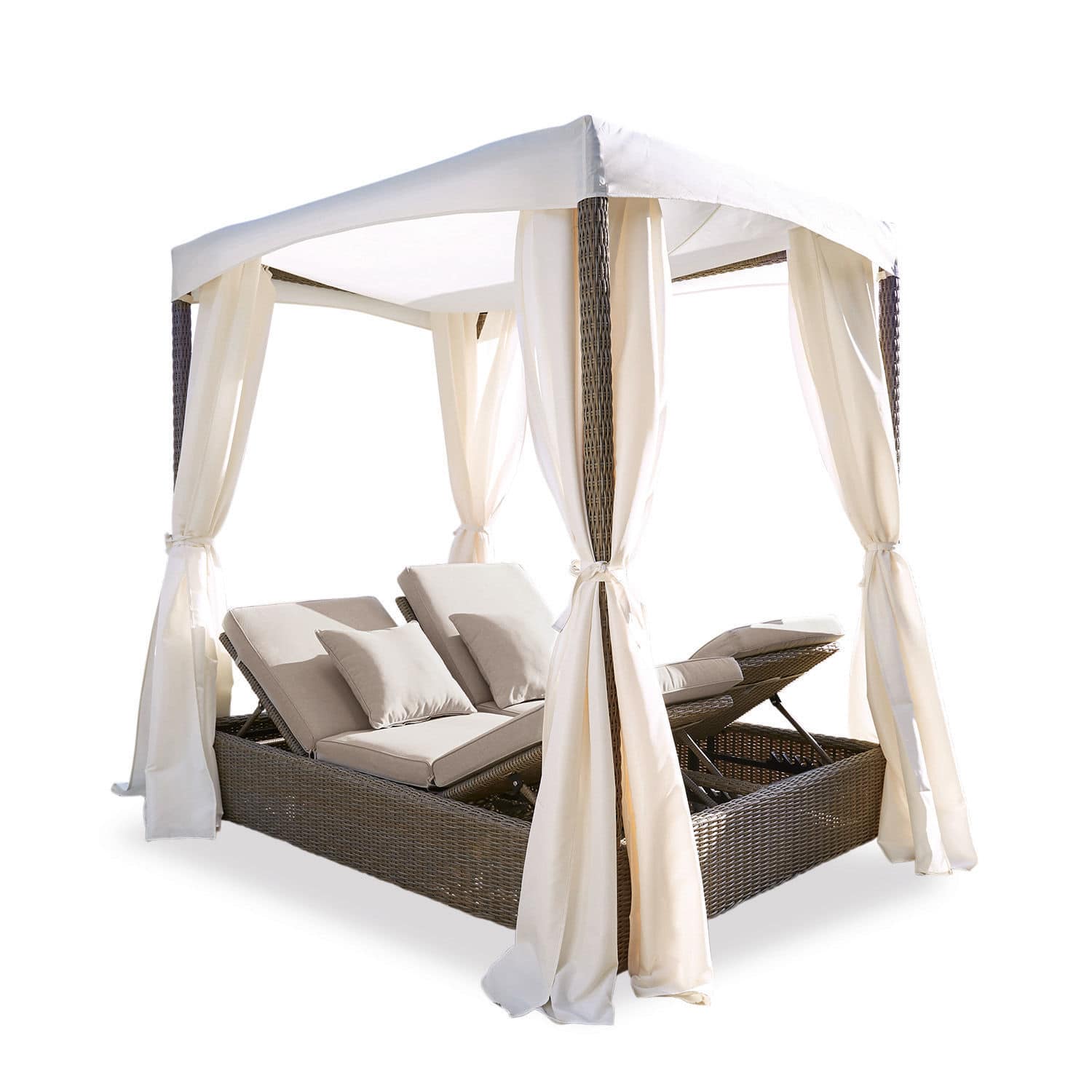 Lounge da giardino Hereford Doppia sdraio in tecnorattan con cuscini crema e tenda bianca per giardino