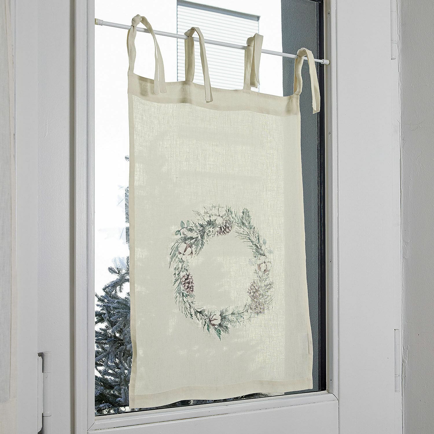 Tendina a vetro Torge Tenda in lino beige con corona decorativa di pigne e rami per finestra