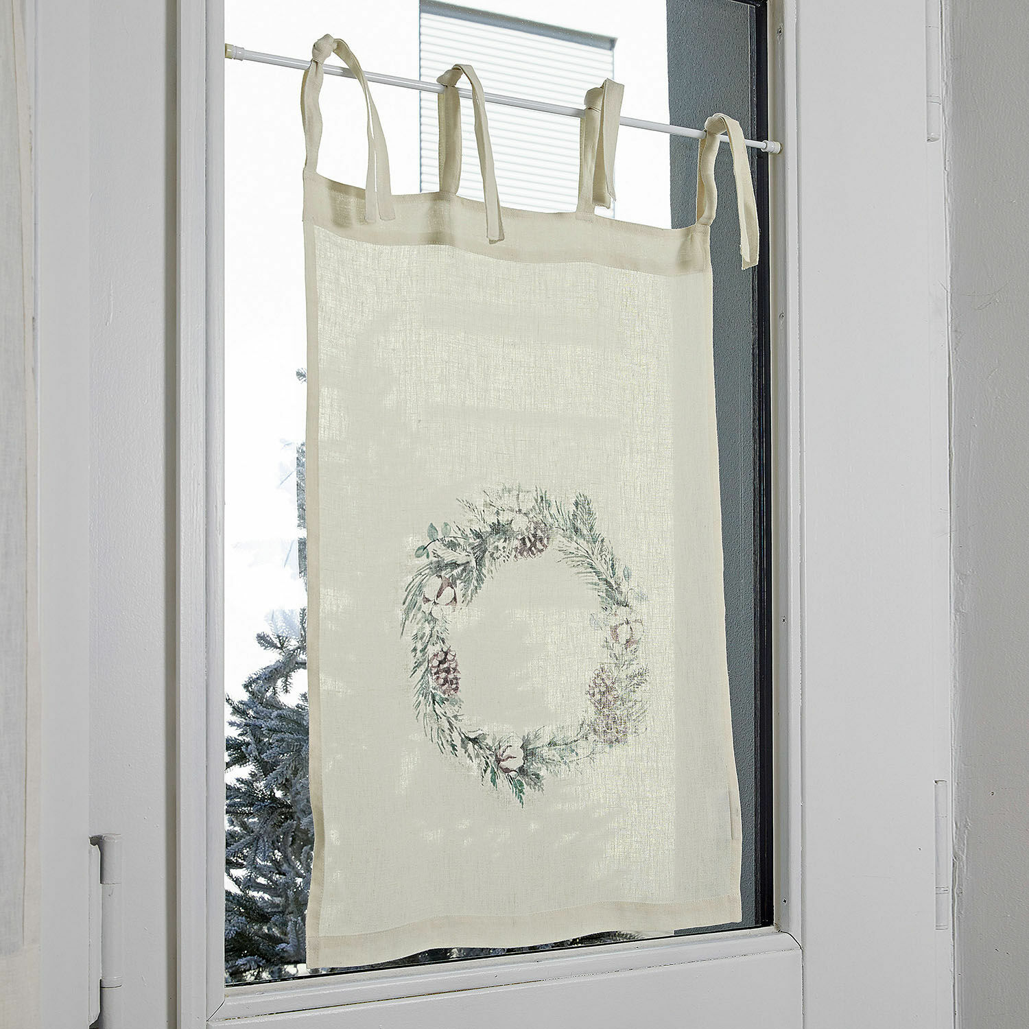 Tendina a vetro Torge Tenda in lino beige con corona decorativa di pigne e rami per finestra