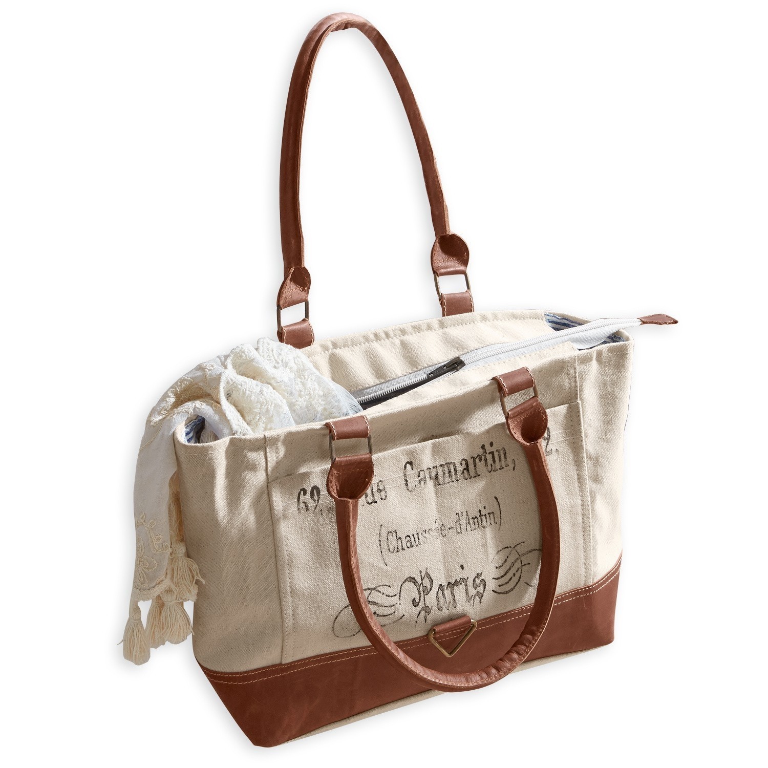 Borsa Linna Borsa beige in tessuto con manici in pelle marrone e stampa vintage per uso quotidiano