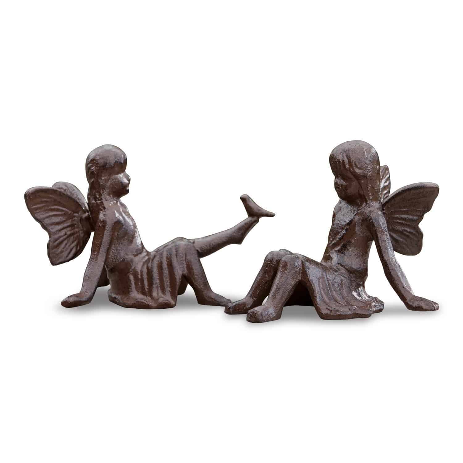 Coppia di figure decorative Papille Due figure di fate in metallo marrone sedute, decorazione da giardino