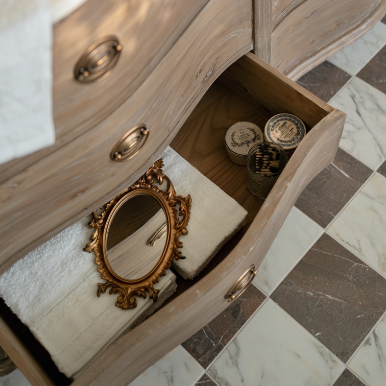 Cassetto aperto di comò in legno con asciugamani bianchi, cornice specchio dorata e contenitori su pavimento in marmo