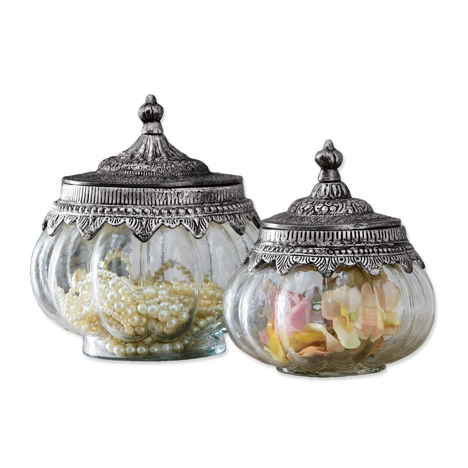 Coppia di contenitori in vetro Madelon Set di due barattoli in vetro con coperchi in metallo decorativi in stile vintage