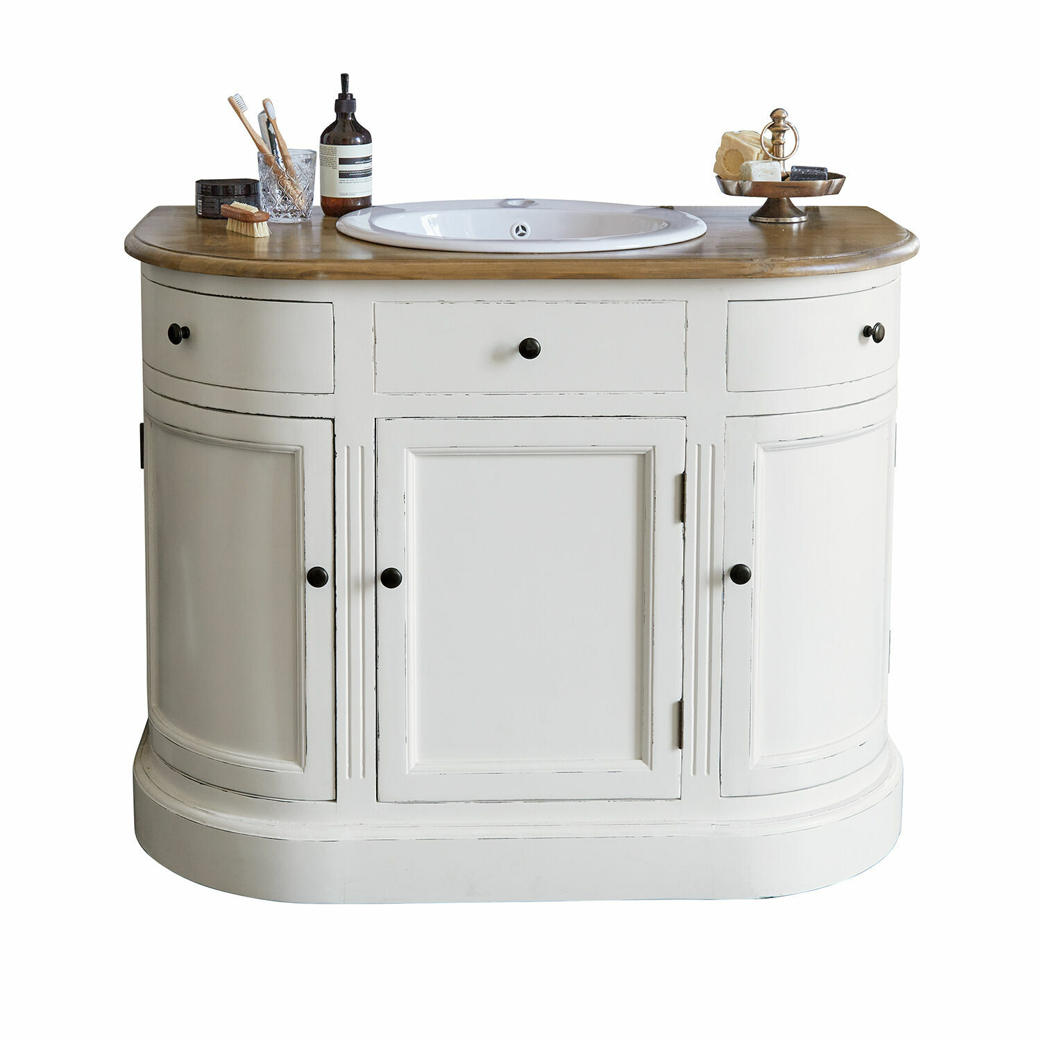 Mobile con lavabo Louisiana Mobile bagno bianco in legno con lavabo e piano in legno naturale, stile vintage