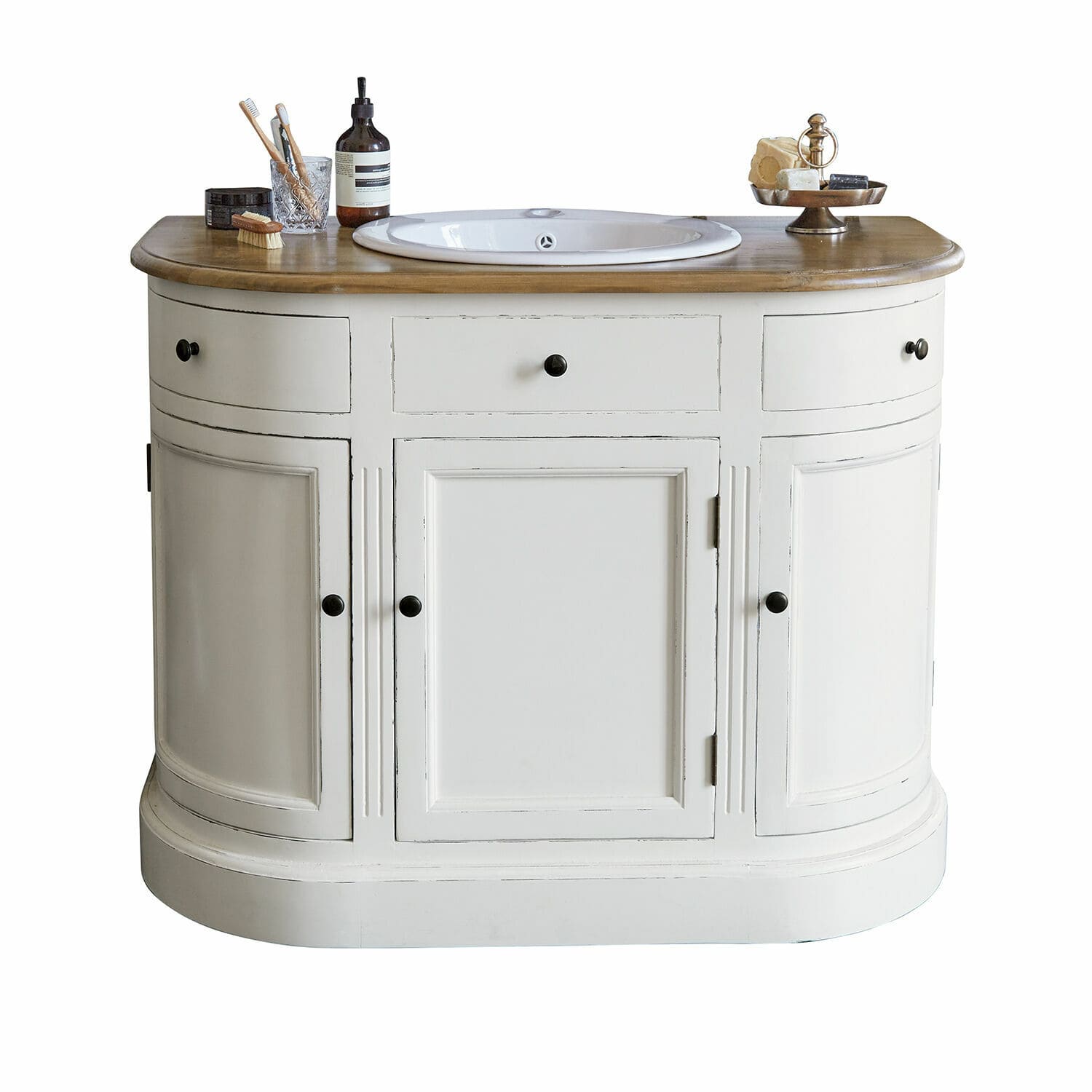 Mobile con lavabo Louisiana Mobile bagno bianco in legno con lavabo e piano in legno naturale, stile vintage