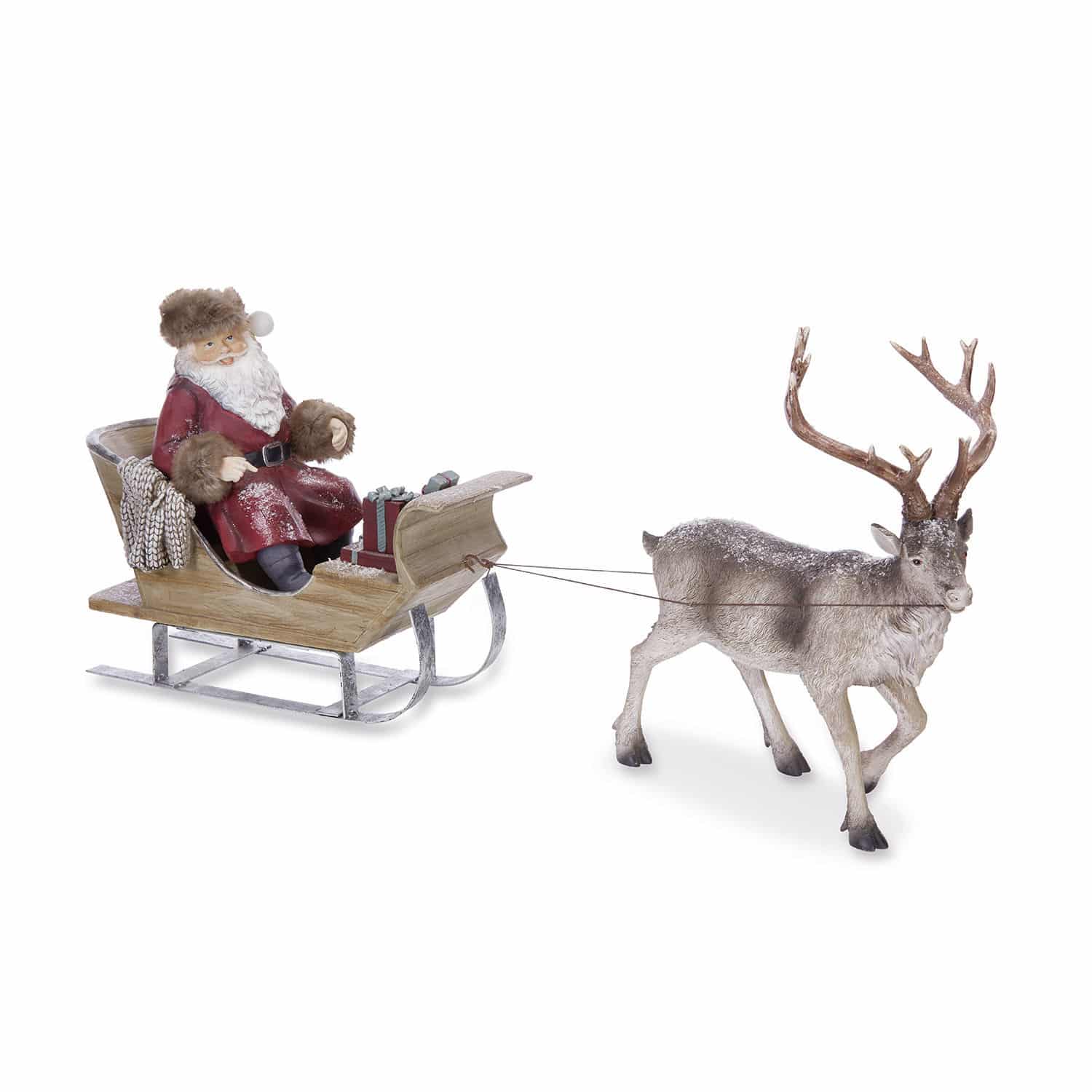 Slitta di Babbo Natale Palaima Figura di Babbo Natale con pelliccia rossa su slitta di legno trainata da una renna con corna