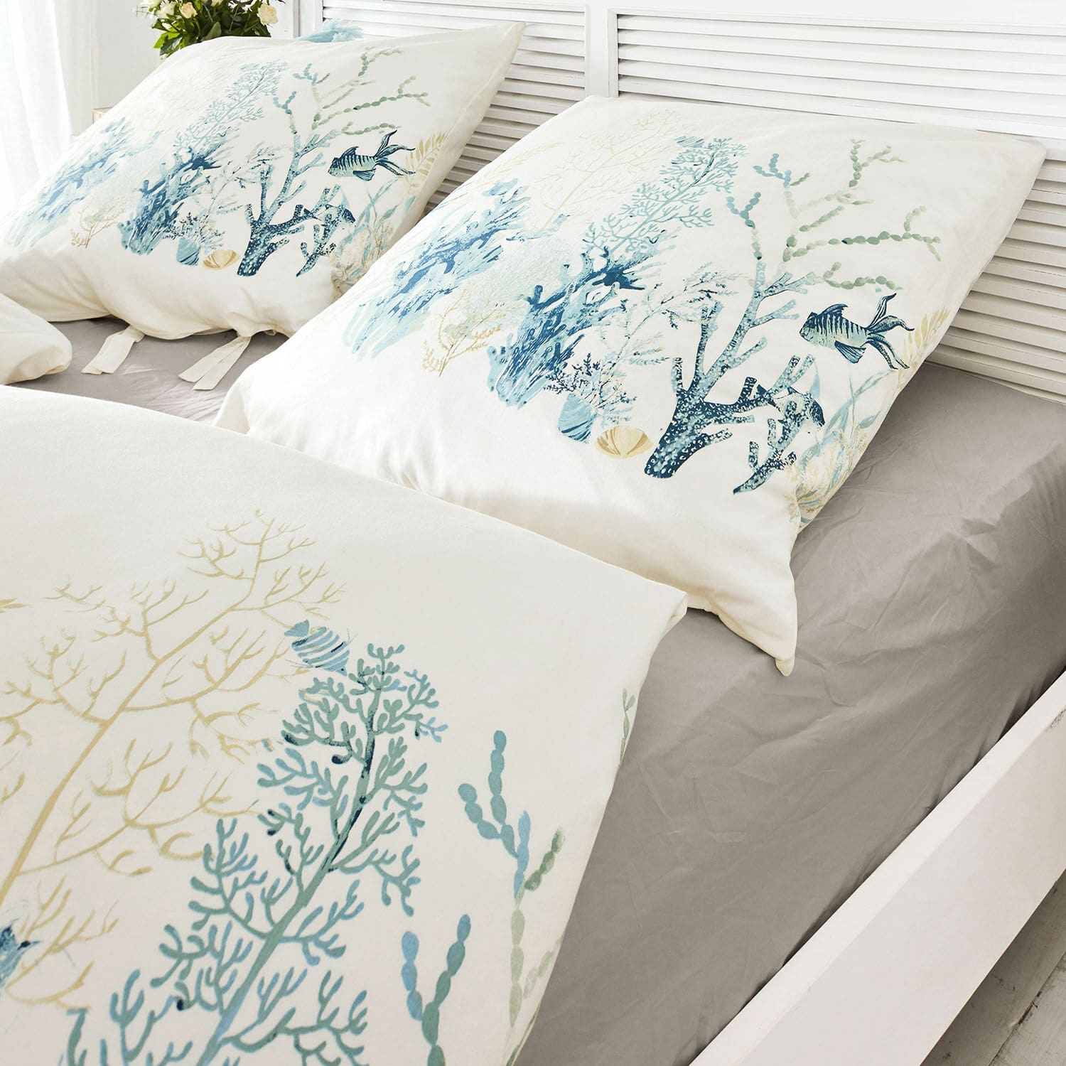 Biancheria da letto Grosmagny Biancheria da letto in cotone con motivi marini blu e beige su lenzuolo grigio