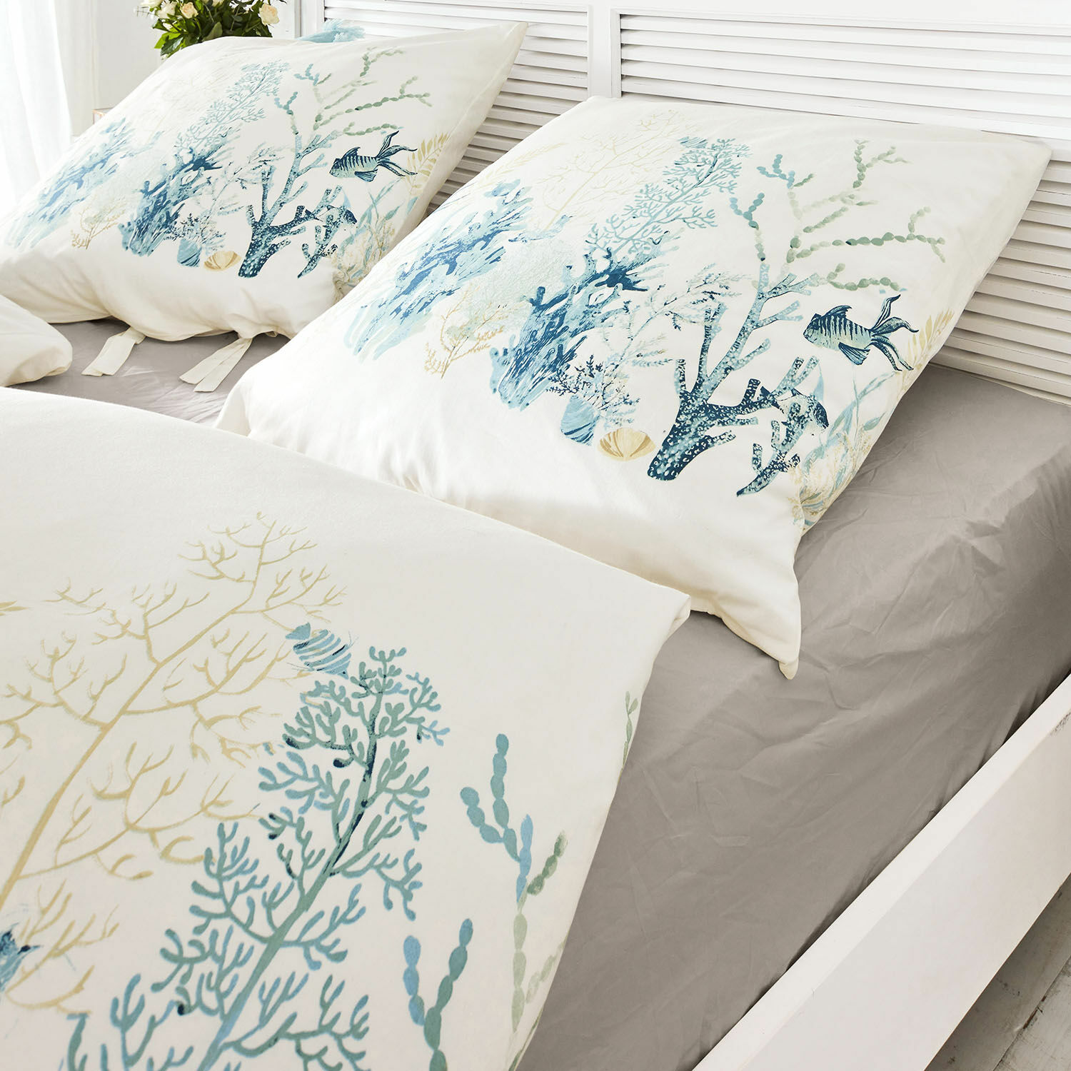 Biancheria da letto Grosmagny Biancheria da letto in cotone con motivi marini blu e beige su lenzuolo grigio