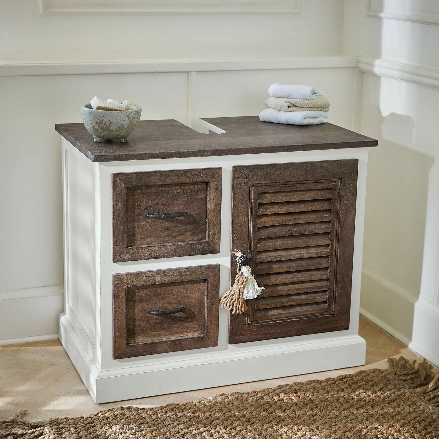 Mobile sottolavabo Farmington Mobile bagno bianco con piano e frontali in legno scuro, cassetti e porta pratici