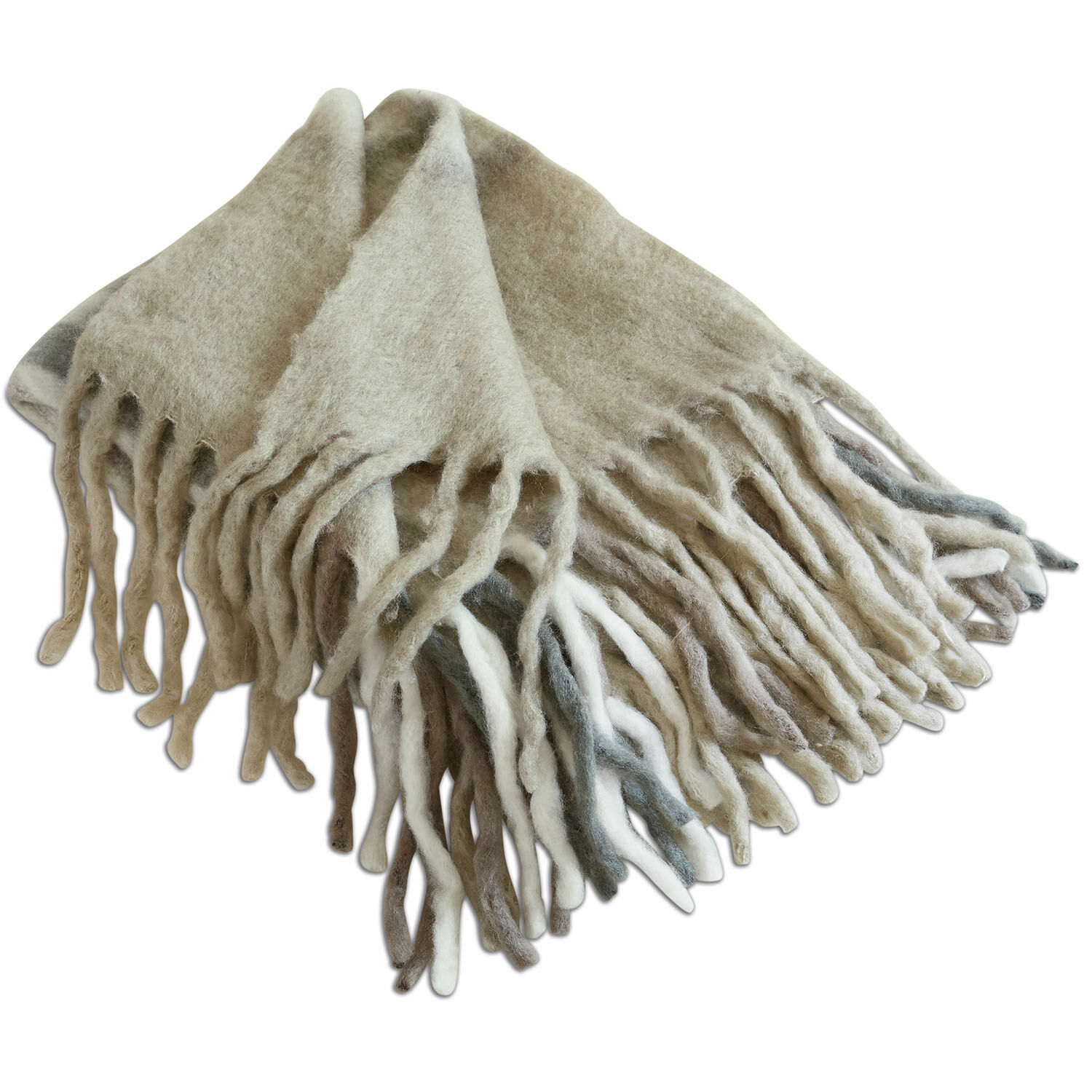 Plaid Klinas Morbida coperta beige in misto lana con frange, ideale per giornate fredde, coperta decorativa